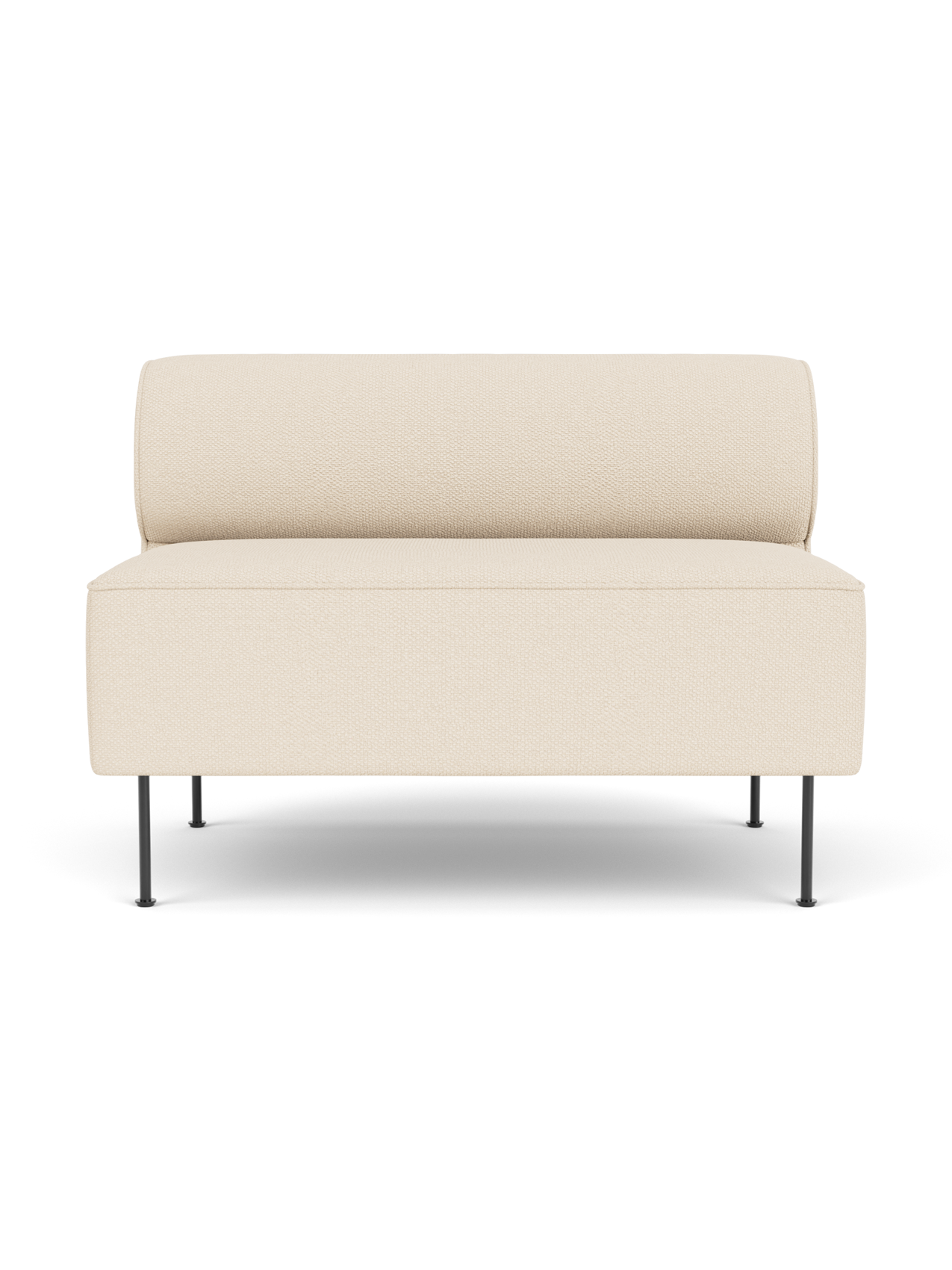 Front view of the Eave Dining Sofa in cream-coloured Logan Jasmine upholstery, with slender black metal legs.