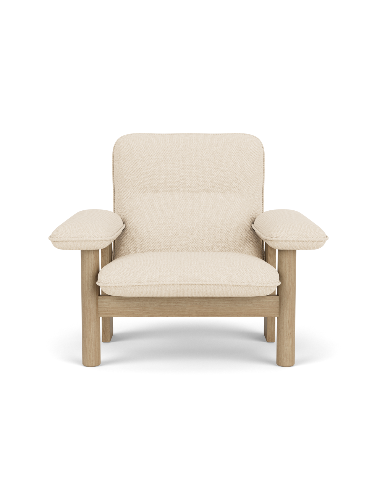 Front view of the Brasilia Lounge Chair with a high back, natural oak frame, and off-white Logan Jasmine textile upholstery.