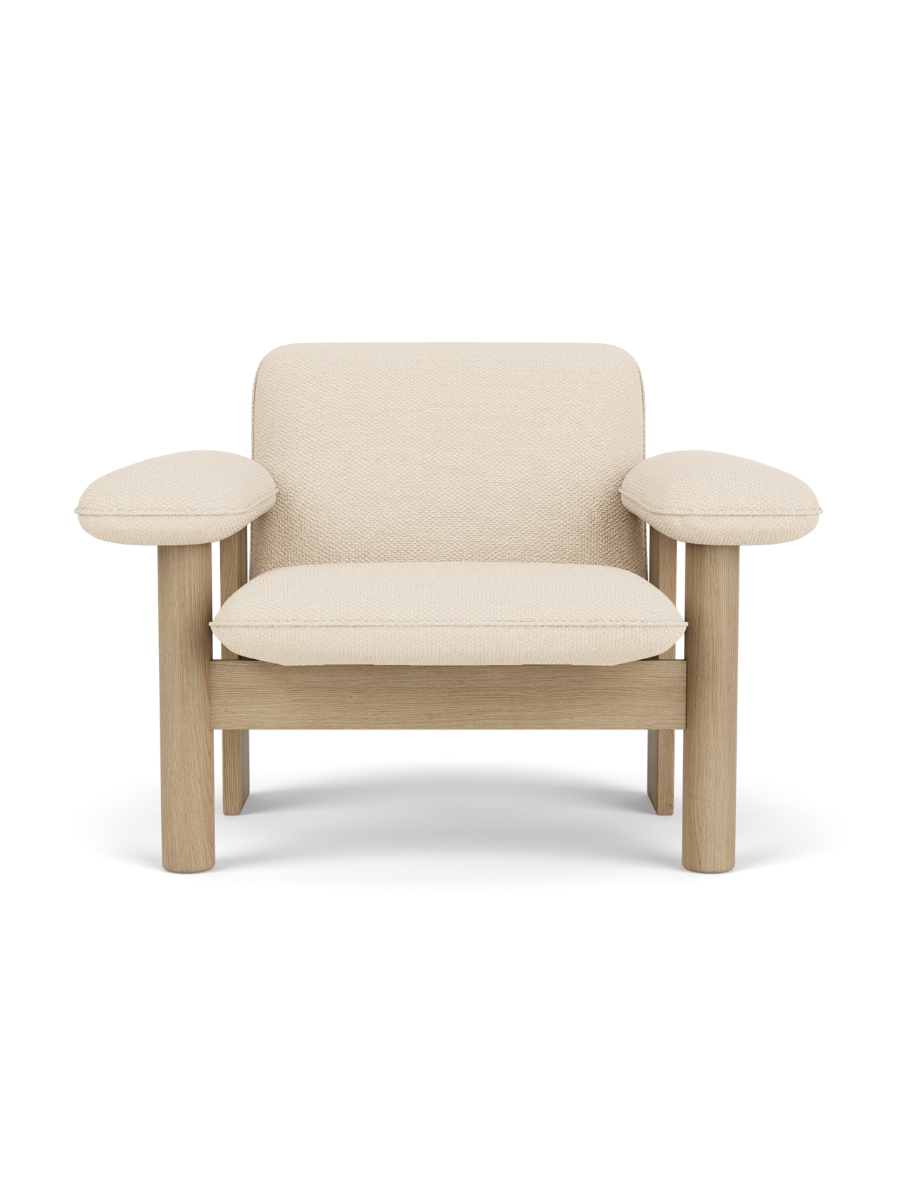 Front view of the Brasilia Lounge Chair, Low Back, with a natural oak frame and upholstered in light Logan Jasmine textile.