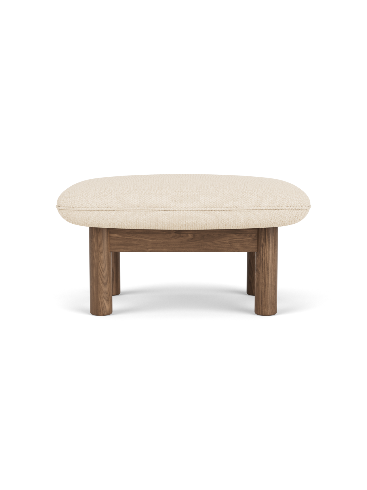 Front view of the Brasilia Ottoman, featuring a thick, light-coloured Logan Jasmine textile cushion on a walnut wood frame.