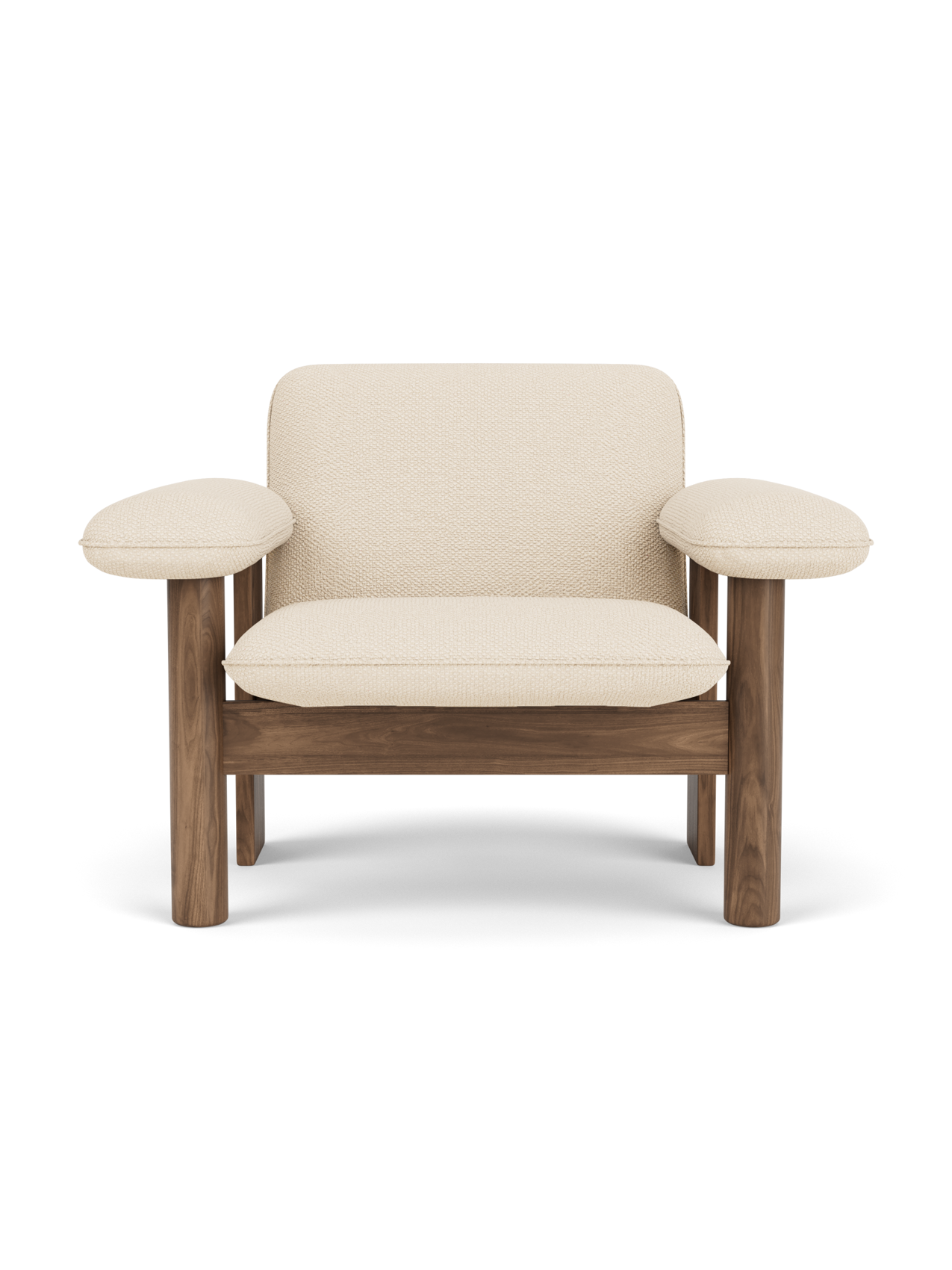 Front view of the Brasilia Lounge Chair with a low back, featuring a solid walnut frame and off-white Logan Jasmine textile.