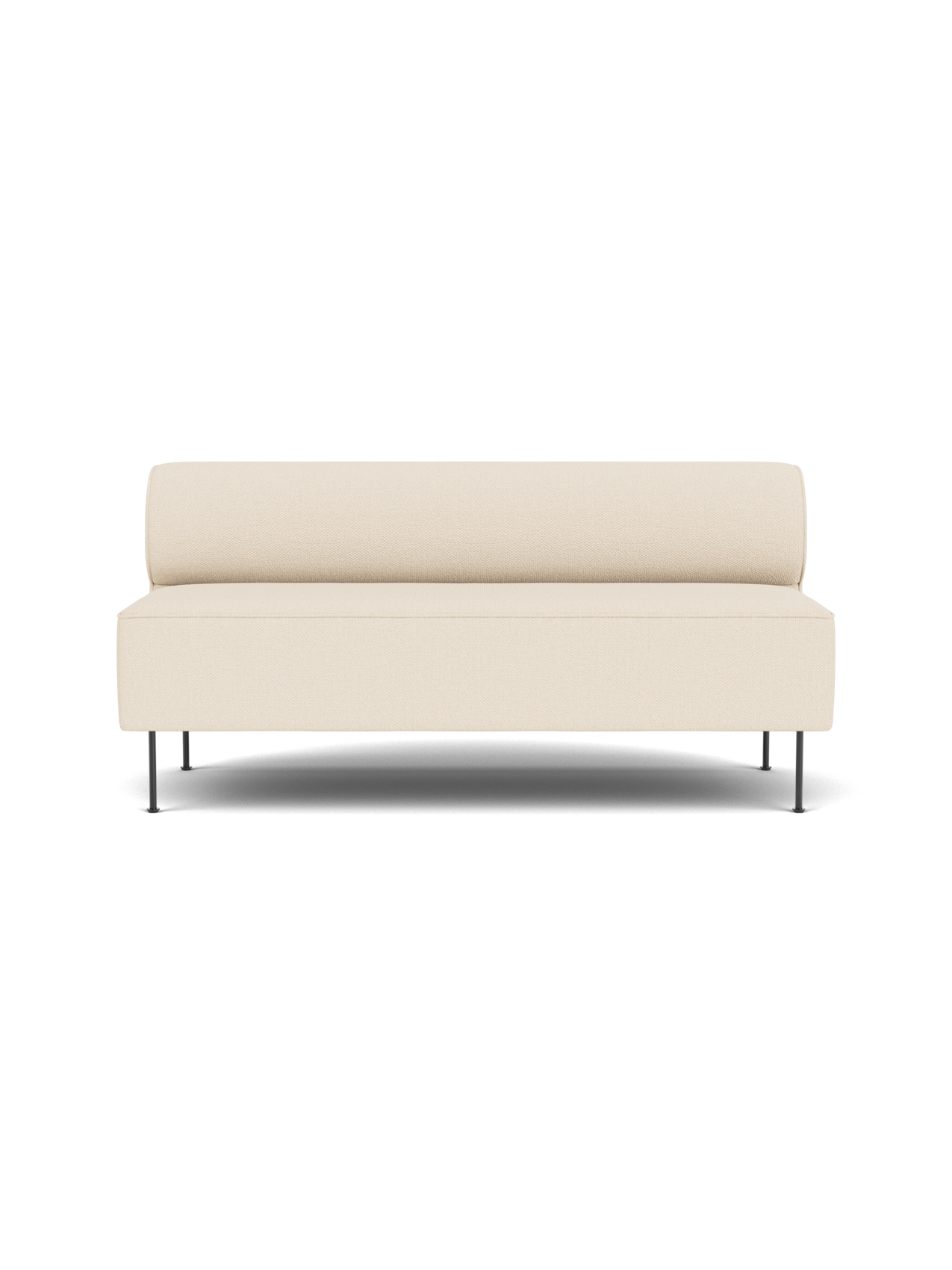 A straight-on view of the Eave Dining Sofa upholstered in light cream Logan Jasmine fabric with slender legs.