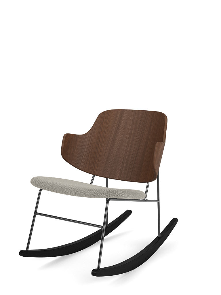 The Penguin Rocking Chair with a walnut back, grey fabric seat, and a black frame with rockers, viewed from an angle.