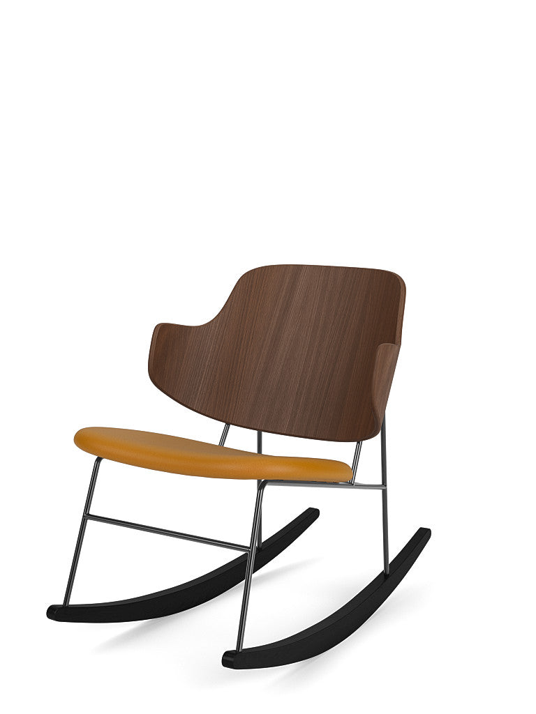 The Penguin Rocking Chair with a walnut back, yellow leather seat, and black frame, shown at an angle on a white background.