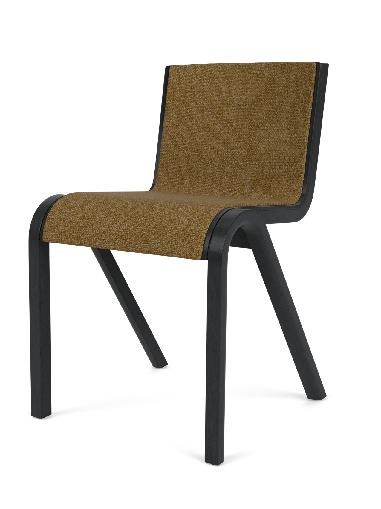 A Ready Dining Chair with front upholstery in golden-brown bouclé. The cantilevered frame is made of black painted oak.