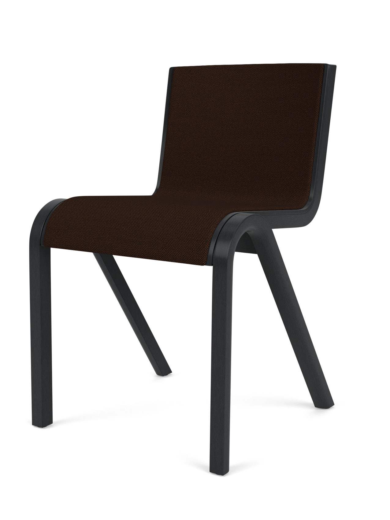 Three-quarter view of the Ready Dining Chair, Front Upholstered, with a black oak frame and dark brown Hallingdal 65 fabric