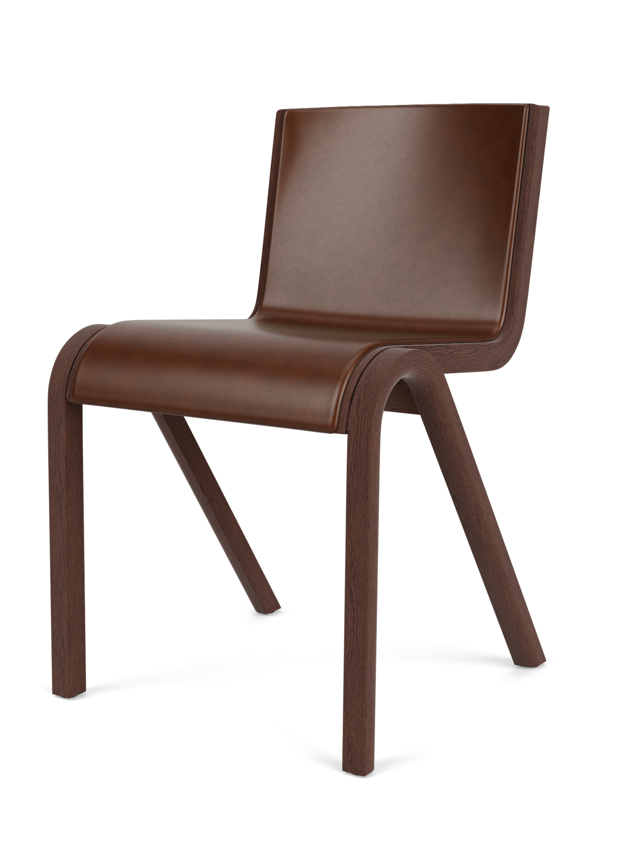 Ready Dining Chair with a red-stained oak frame and cantilevered seat and back upholstered in brown leather.