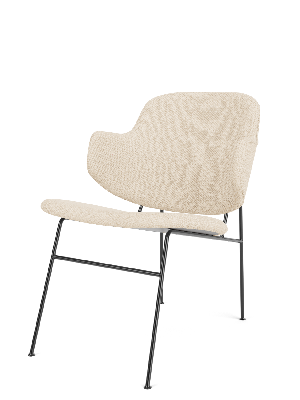 A three-quarter view of The Penguin Lounge Chair, upholstered in textured cream Logan Jasmine fabric on a black steel frame.