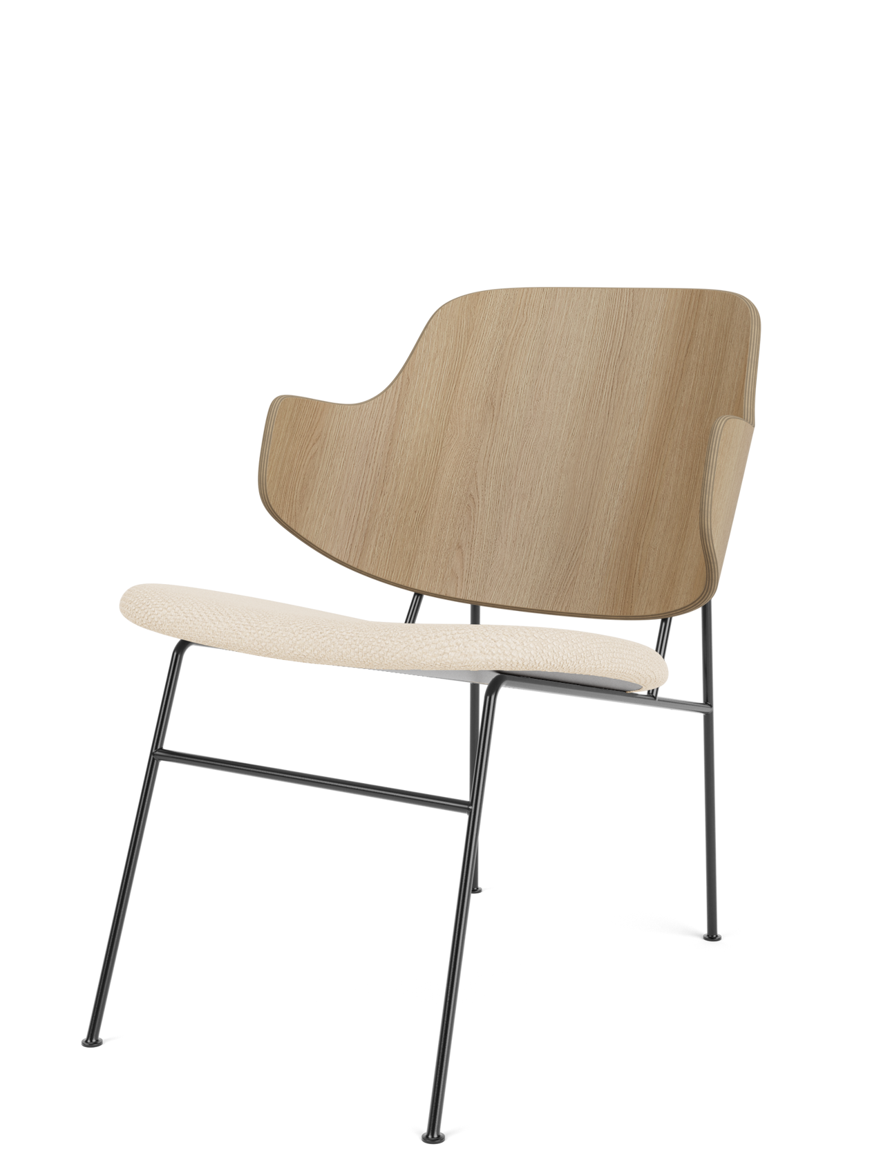 The Penguin Lounge Chair with a curved natural oak backrest, Logan Jasmine fabric seat, and thin black metal frame.