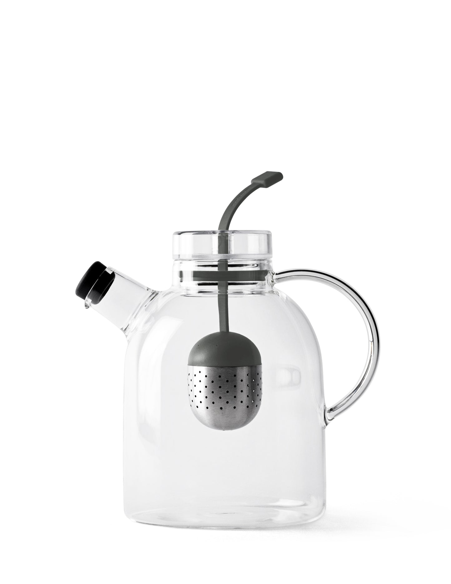 The Audo Kettle Teapot, a minimalist glass teapot with a steel and silicone tea infuser inside, against a white background.