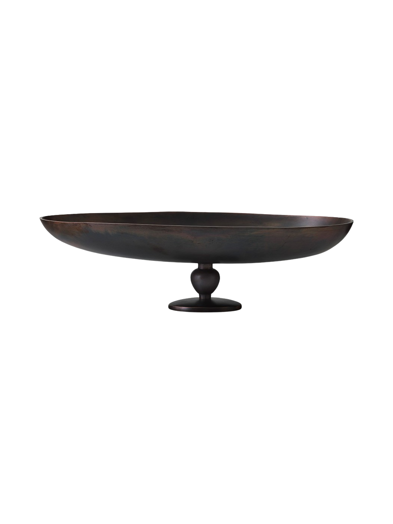 Front view of the Relevé Platter in black wood, showcasing its wide, shallow oval shape atop a short, sculpted pedestal base.