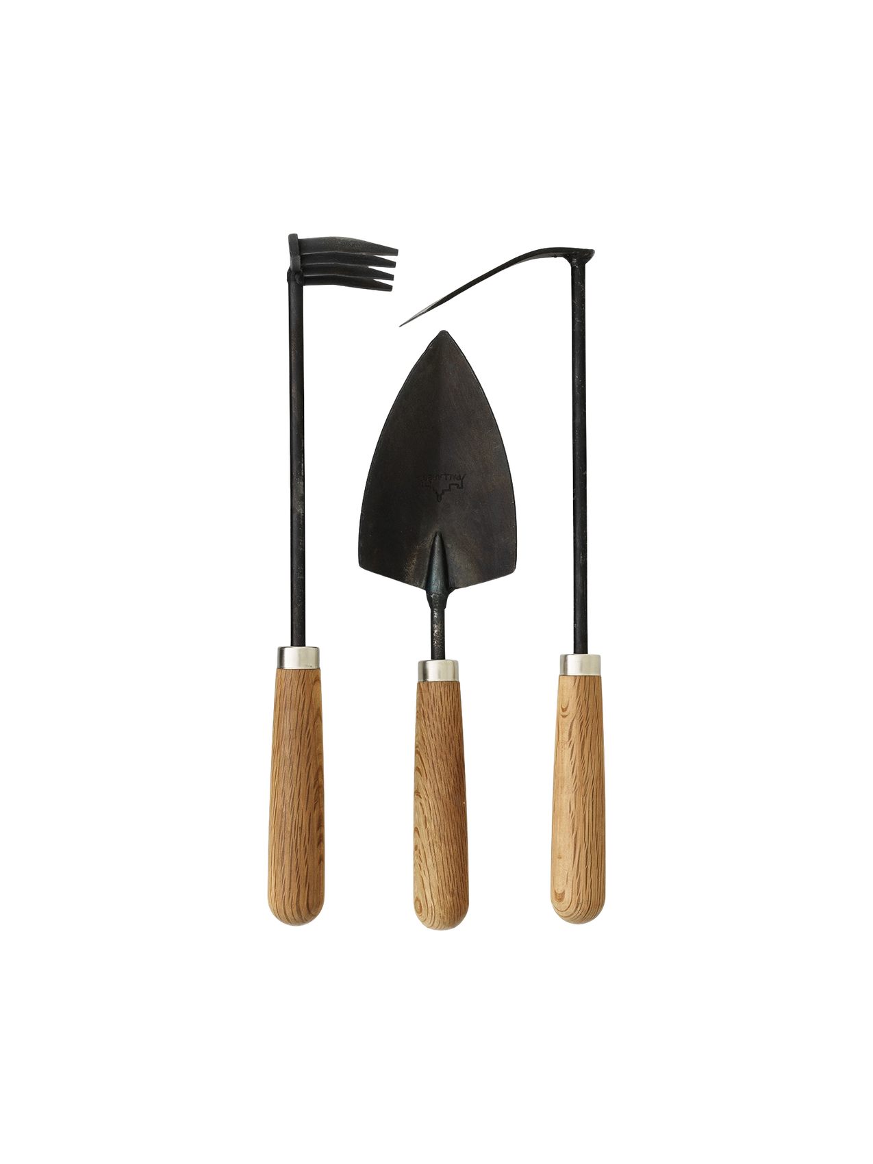 Pallares Plant Tool Set, showing three gardening hand tools—a rake, trowel, and hoe—with dark metal heads and wood handles.