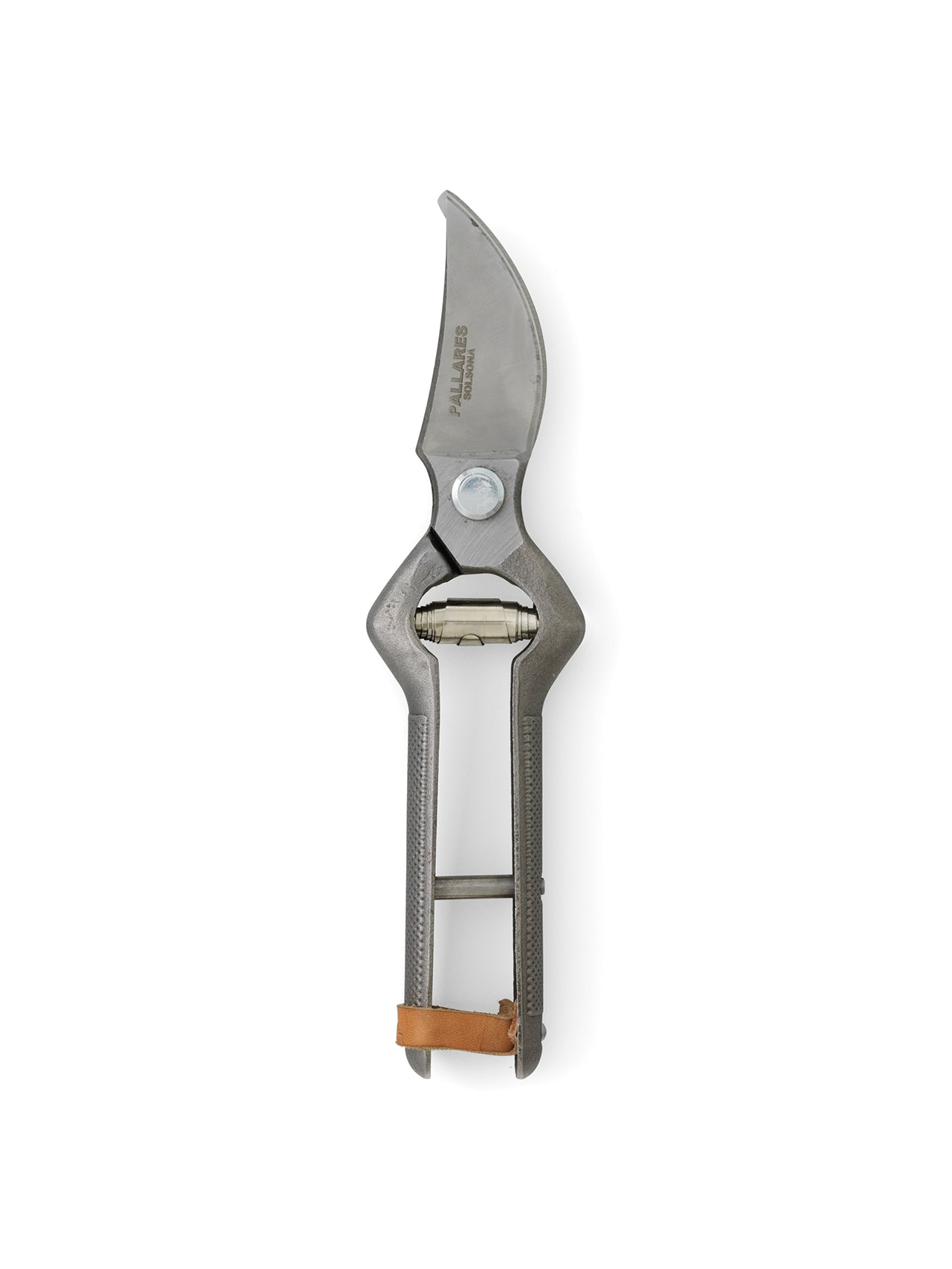Overhead view of the Pallares Plant Pruner, closed, with textured grey metal handles and a brown leather strap.