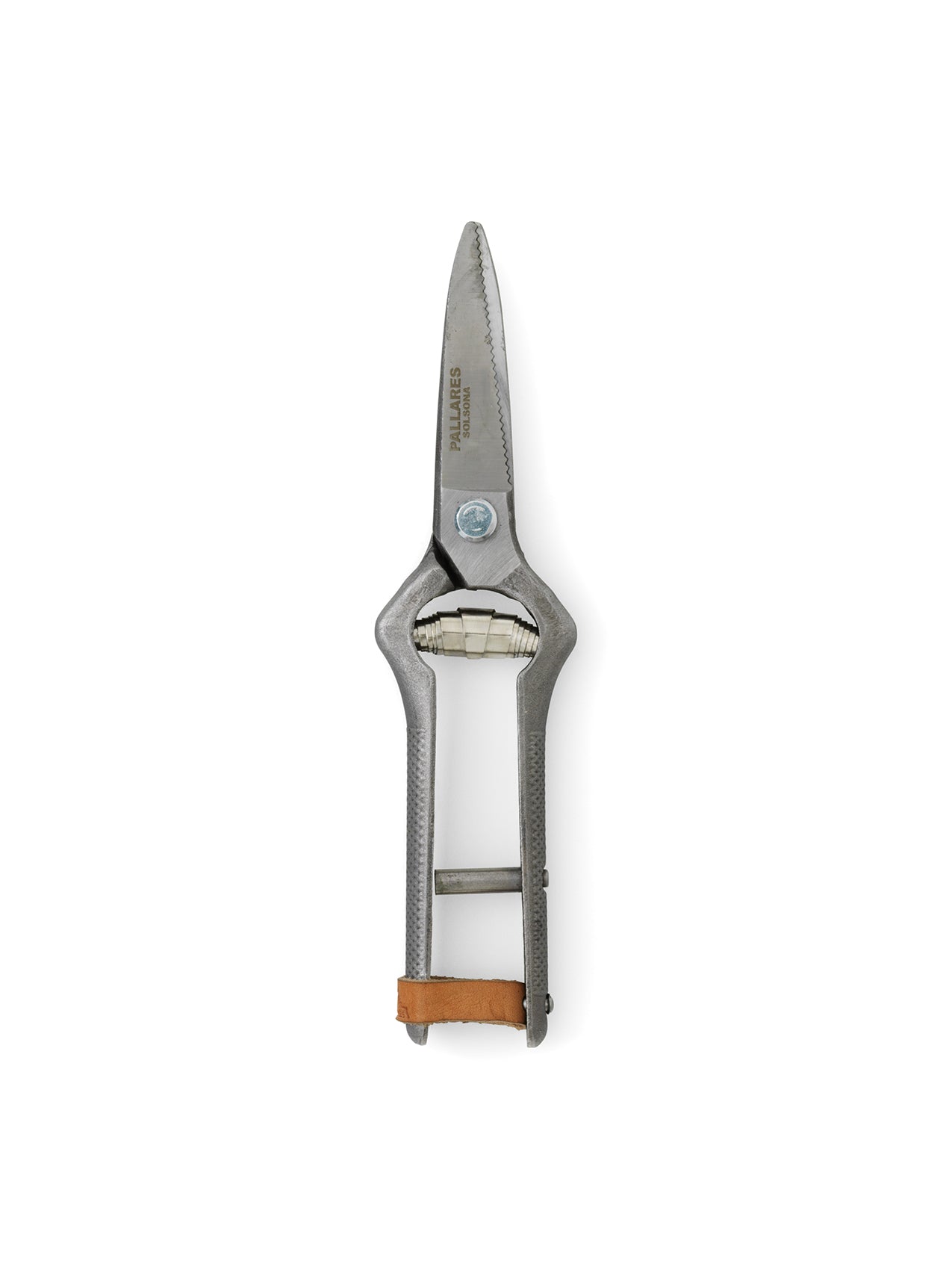 A pair of open Pallares Plant Shears with grey metal handles, serrated blades, and a small brown leather locking strap.