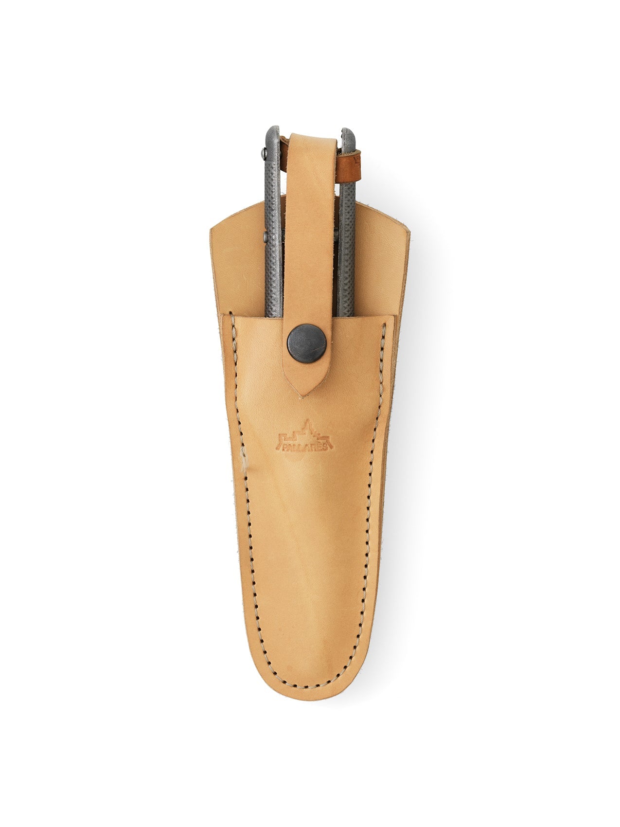 A pair of Pallares Plant Shears with textured metal handles in a tan leather sheath with black stitching and snap closure.