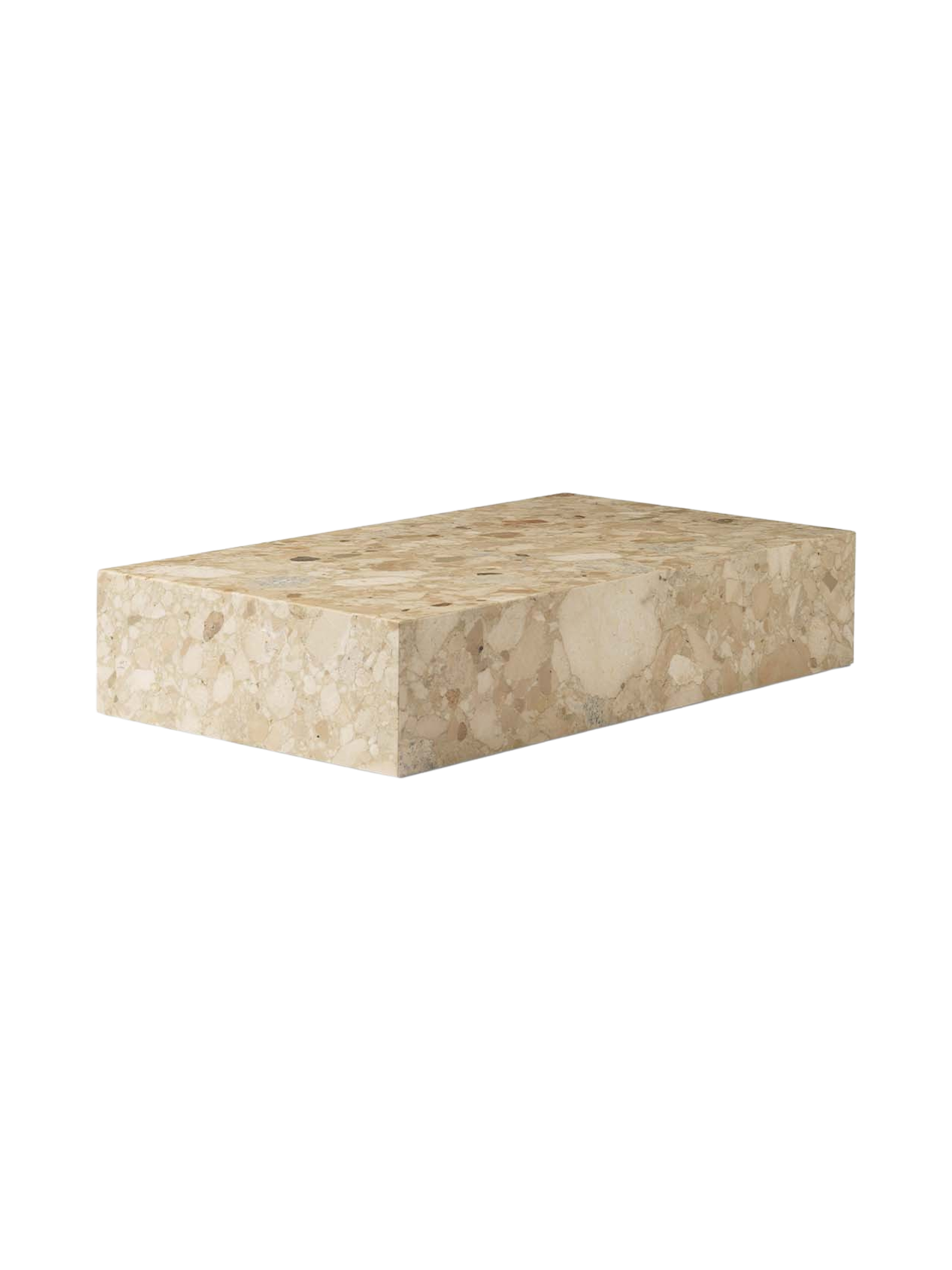 Audo Plinth Grand shown at an angle. It is a low rectangular block of Kunis Breccia, a beige stone with multi-tonal pieces.