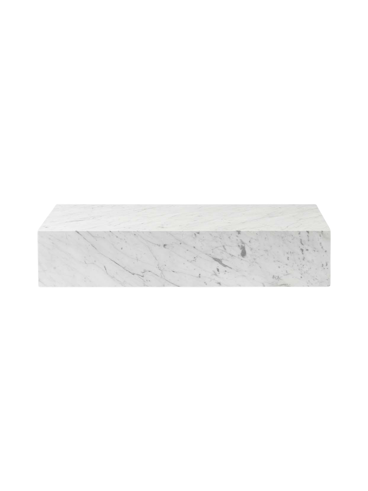Front-facing view of the Plinth Grand, a rectangular plinth crafted from white Carrara marble with distinctive grey veins.
