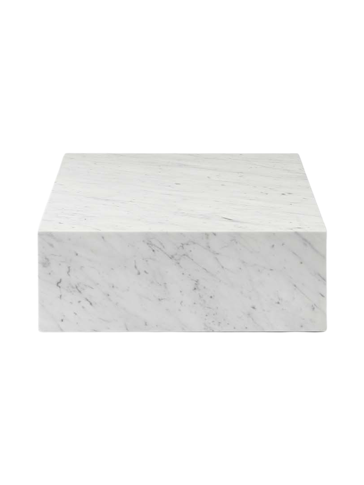 A side-on view of the rectangular Plinth Grand, a low plinth made of white Carrara marble with prominent grey veining.