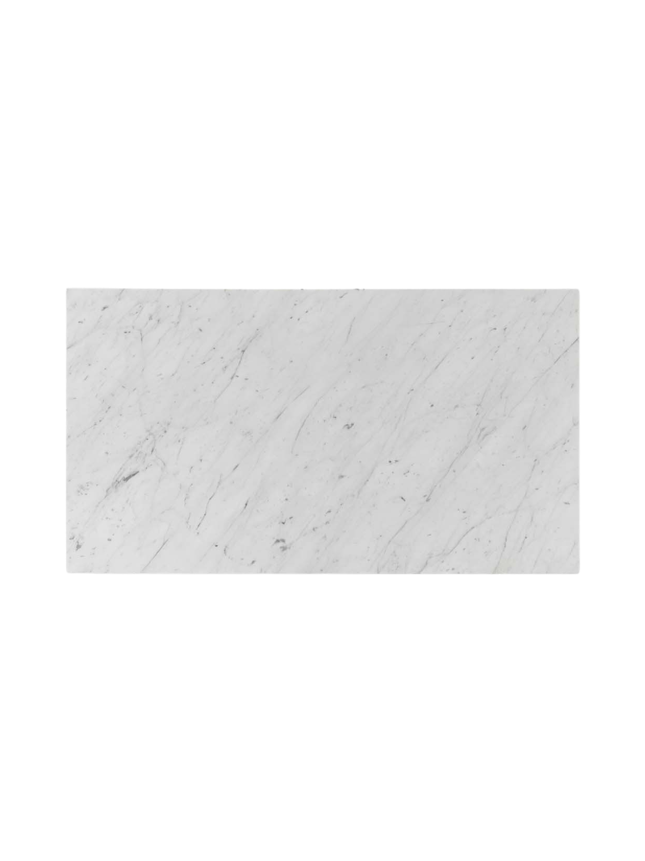 Top view of the rectangular Carrara marble top for the Plinth Grand, showing the natural grey veining on the white surface.