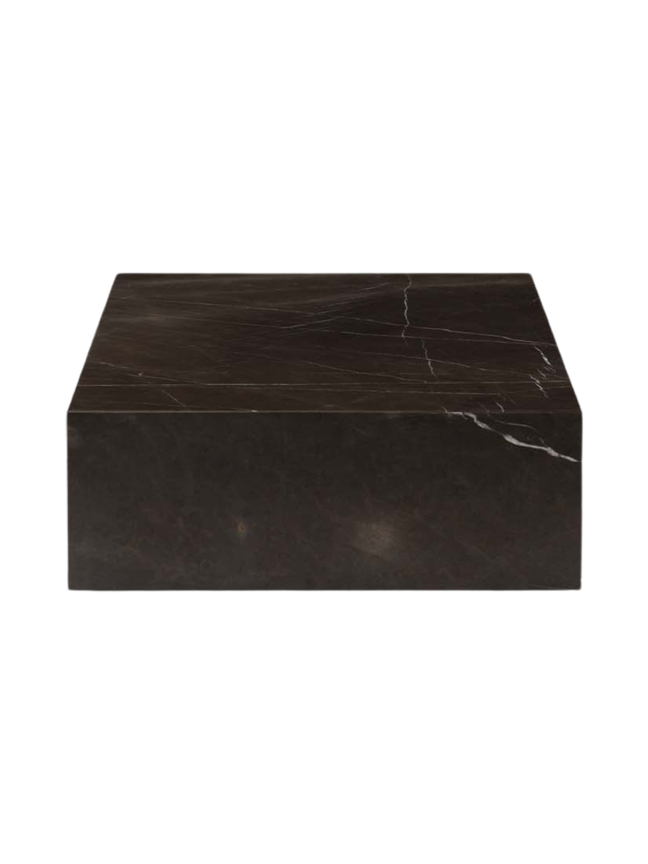 A side view of the low, rectangular Plinth Grand in dark Grey Kendzo marble, showing its white and grey veining.