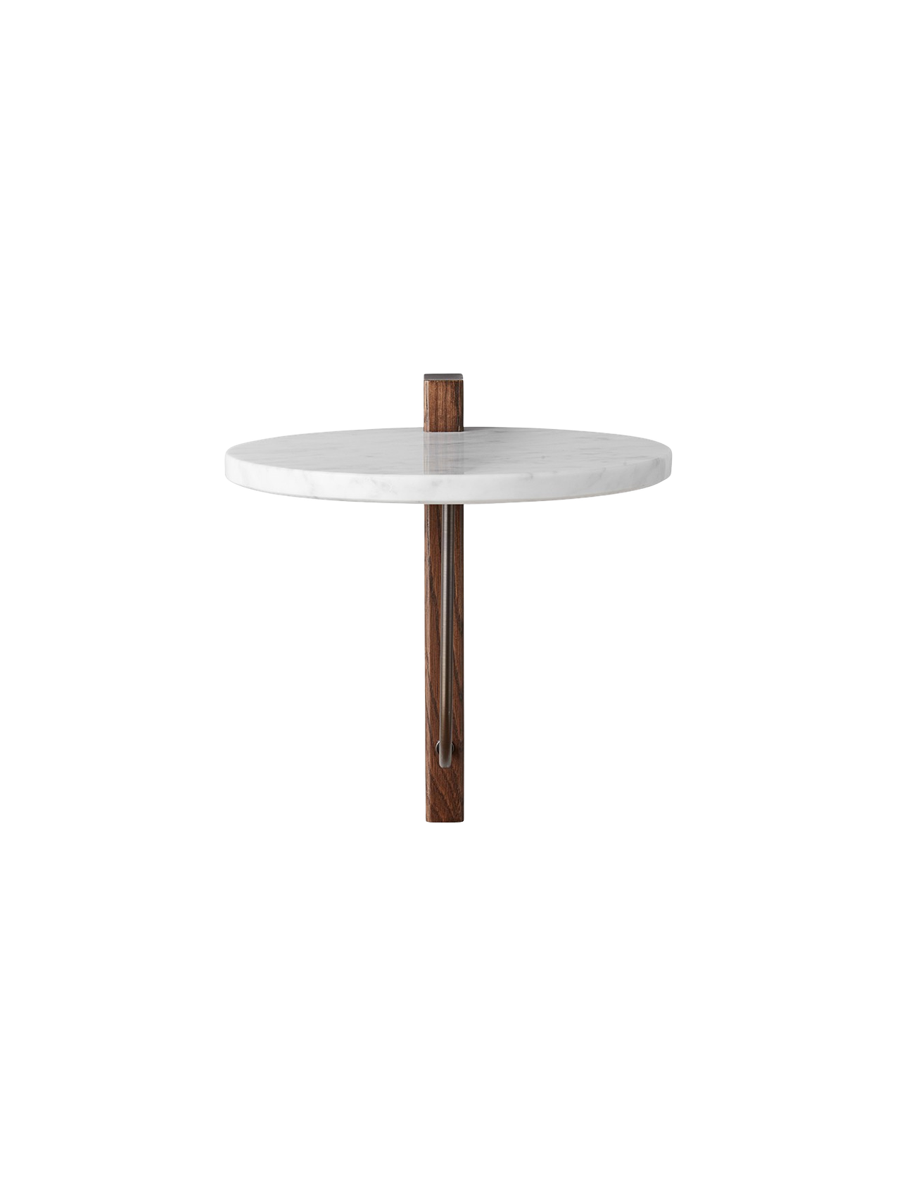 Front view of the Corbel Shelf, featuring a round white Carrara Marble top and a dark wood bracket with bronzed brass detail.