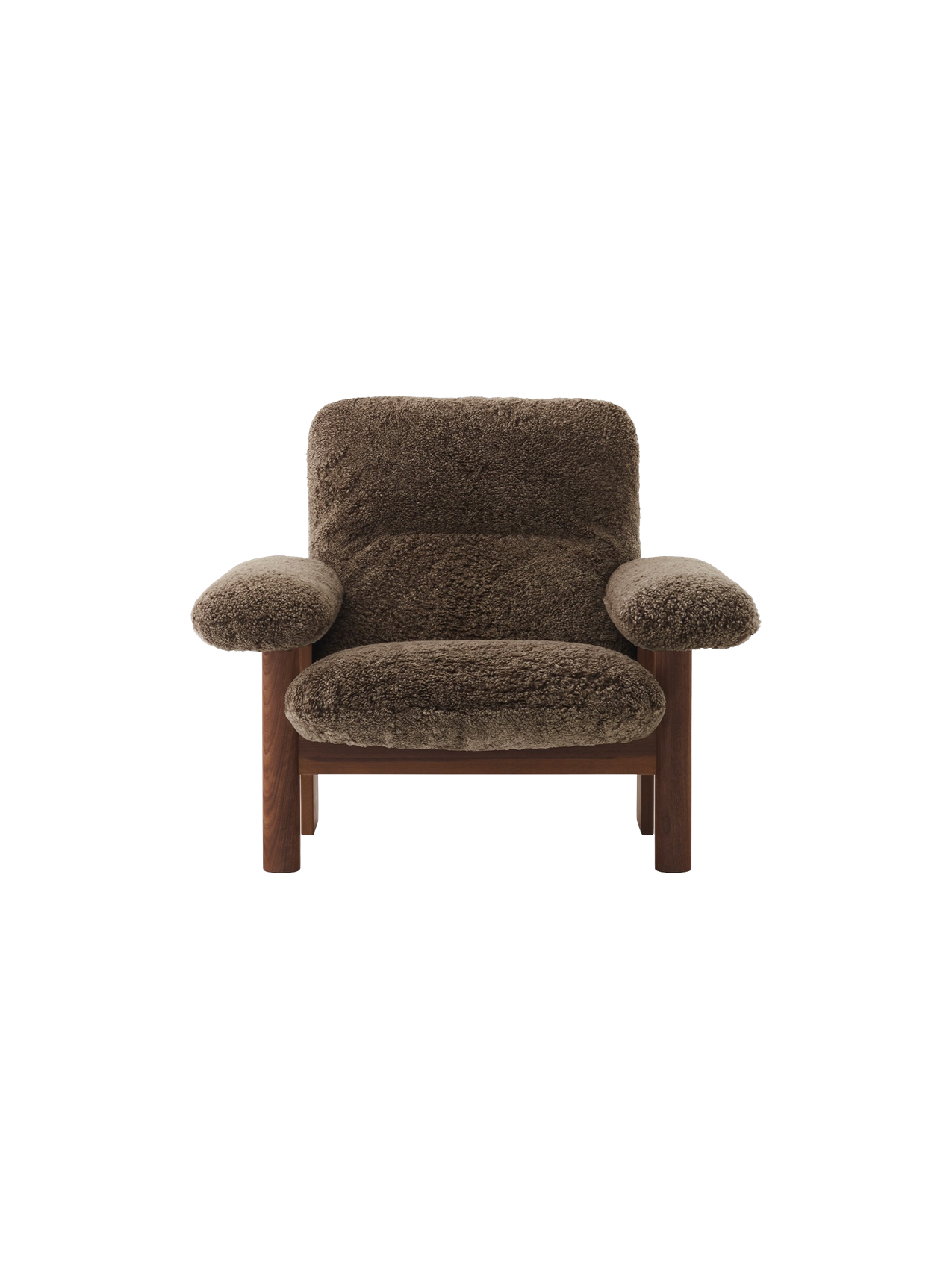 Front view of the Brasilia Lounge Chair, High Back, with a dark stained oak frame and plush, brown Sheepskin Root upholstery.