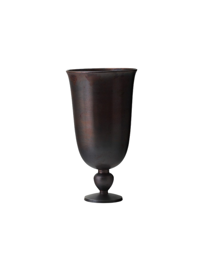 Front view of a chalice-shaped vase in a dark, burnished bronze finish, with a wide rim and a knot on its stem.