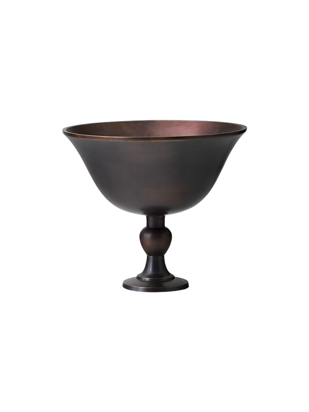 Front view of a pedestal bowl in a dark bronze finish, featuring a wide body, flared rim, and a short, decorative stem.