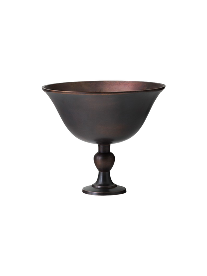 Front view of a pedestal bowl in a dark bronze finish, featuring a wide body, flared rim, and a short, decorative stem.