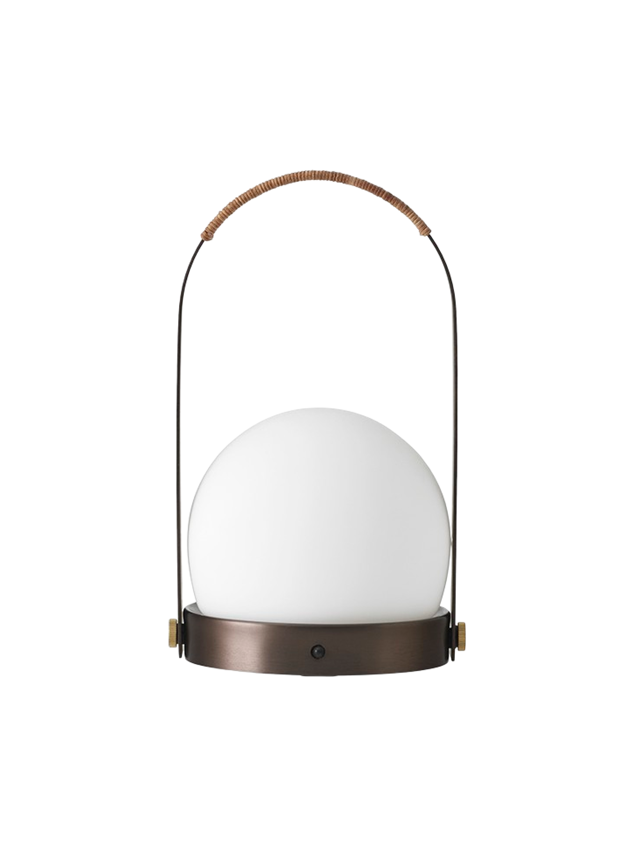 Front view of the Carrie Table Lamp in bronzed brass, featuring a white opal glass orb and a handle wrapped in brown leather.
