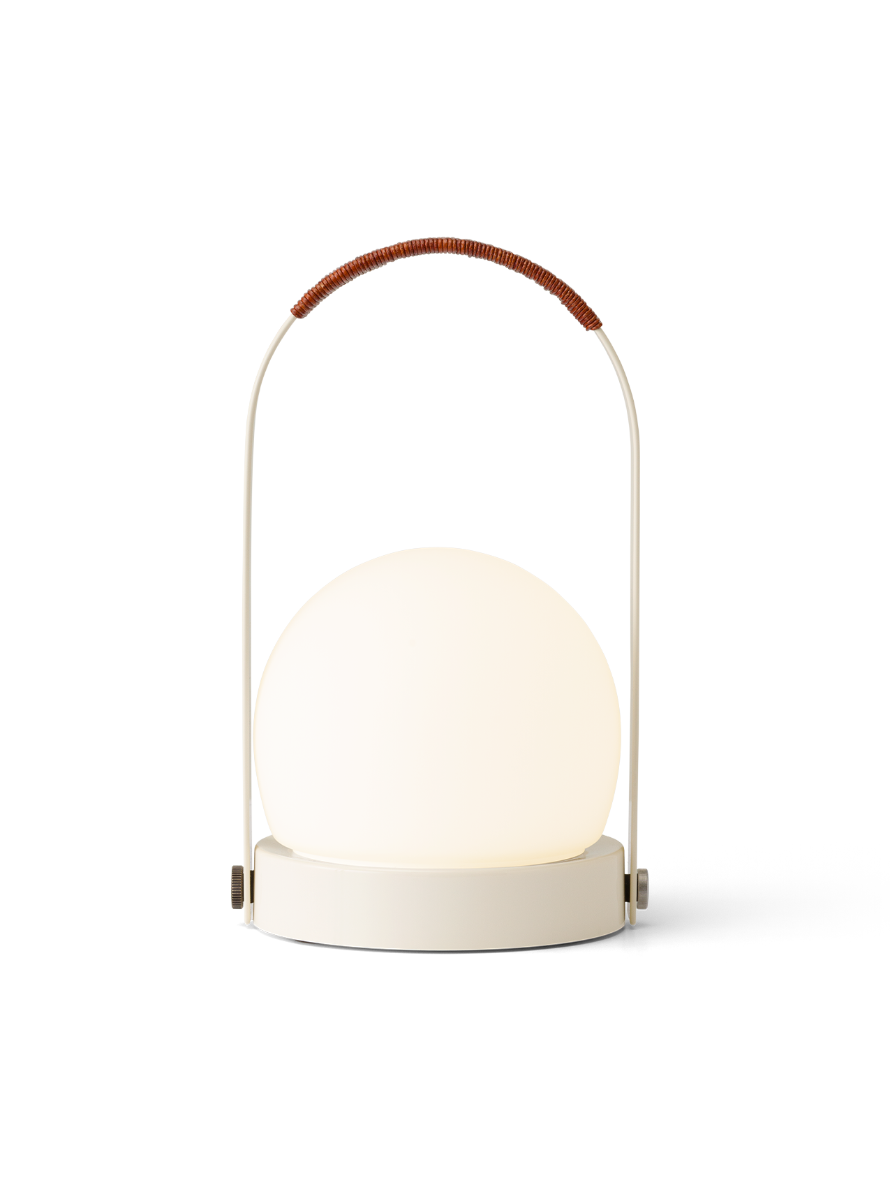 Illuminated Carrie Portable Lamp in ivory with a leather-wrapped handle and spherical opal glass shade.
