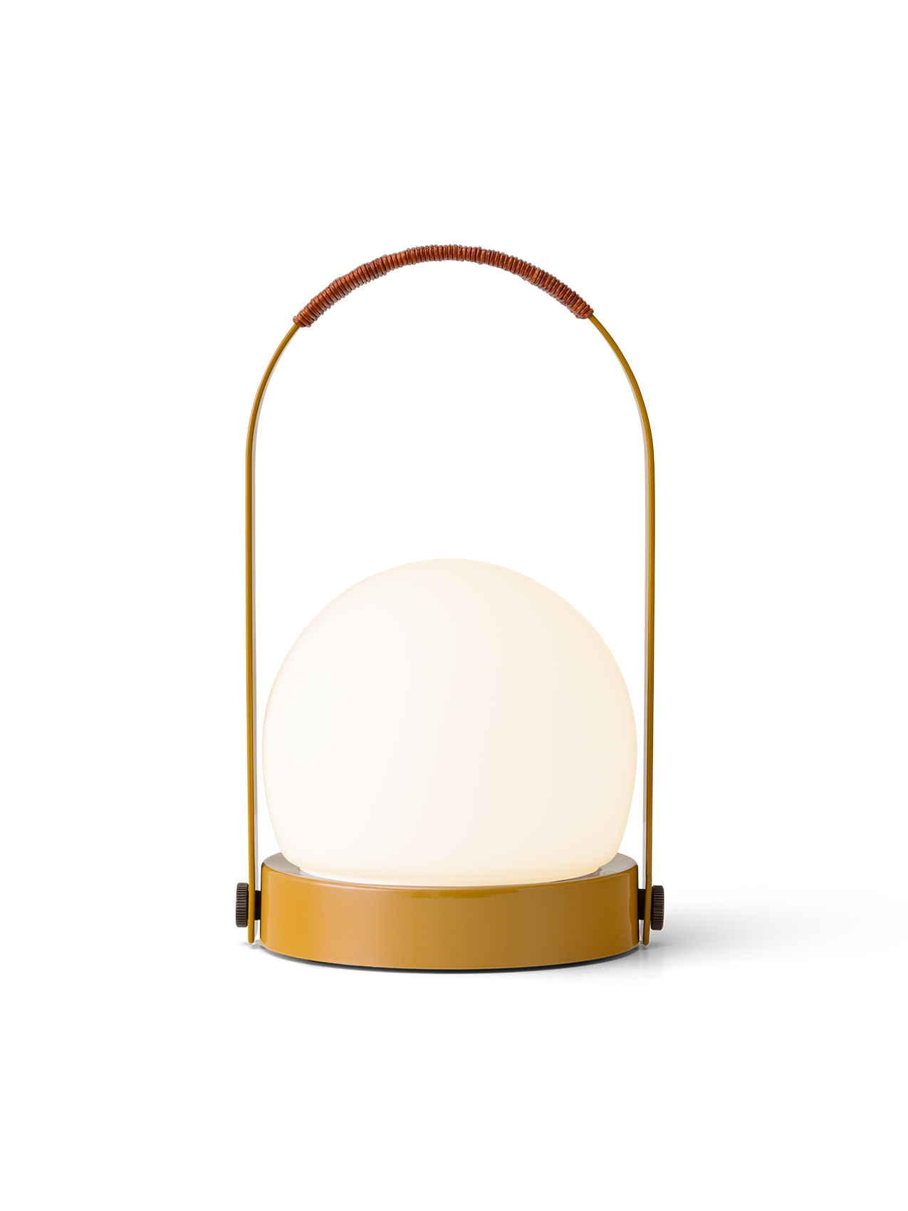 Golden brown Carrie Portable Lamp featuring an illuminated opal glass shade and a curved handle with leather cord detail.