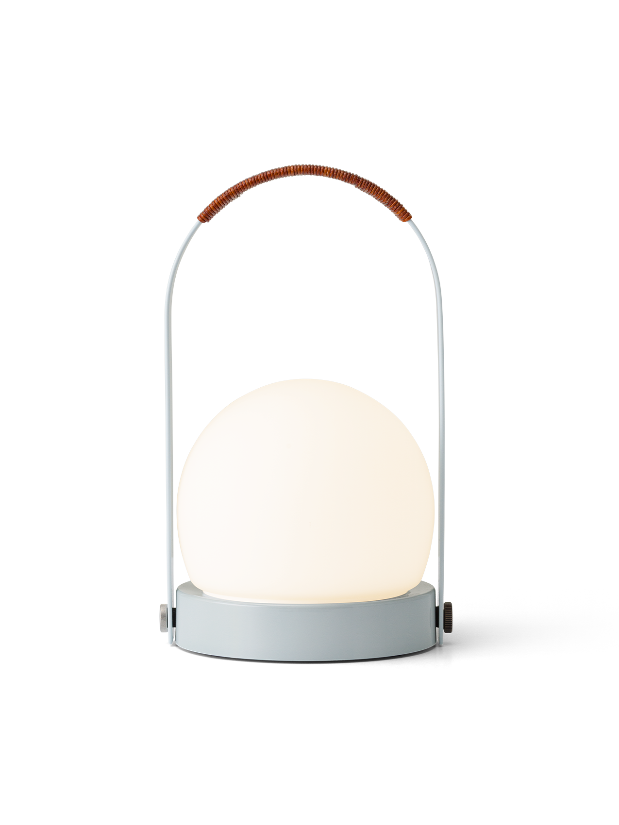 Linen Blue Carrie Portable Lamp featuring a rounded opal glass shade and a brown leather-wrapped handle.