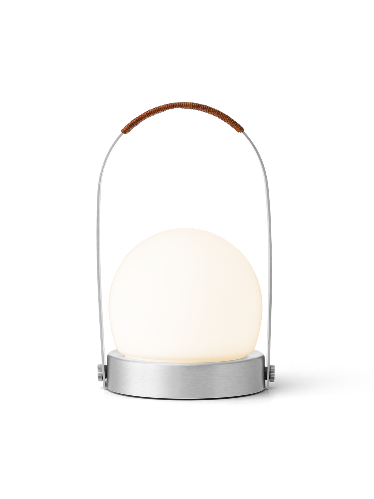 Carrie Portable Lamp with a brushed aluminium base, glowing opal glass shade and brown leather-wrapped handle.