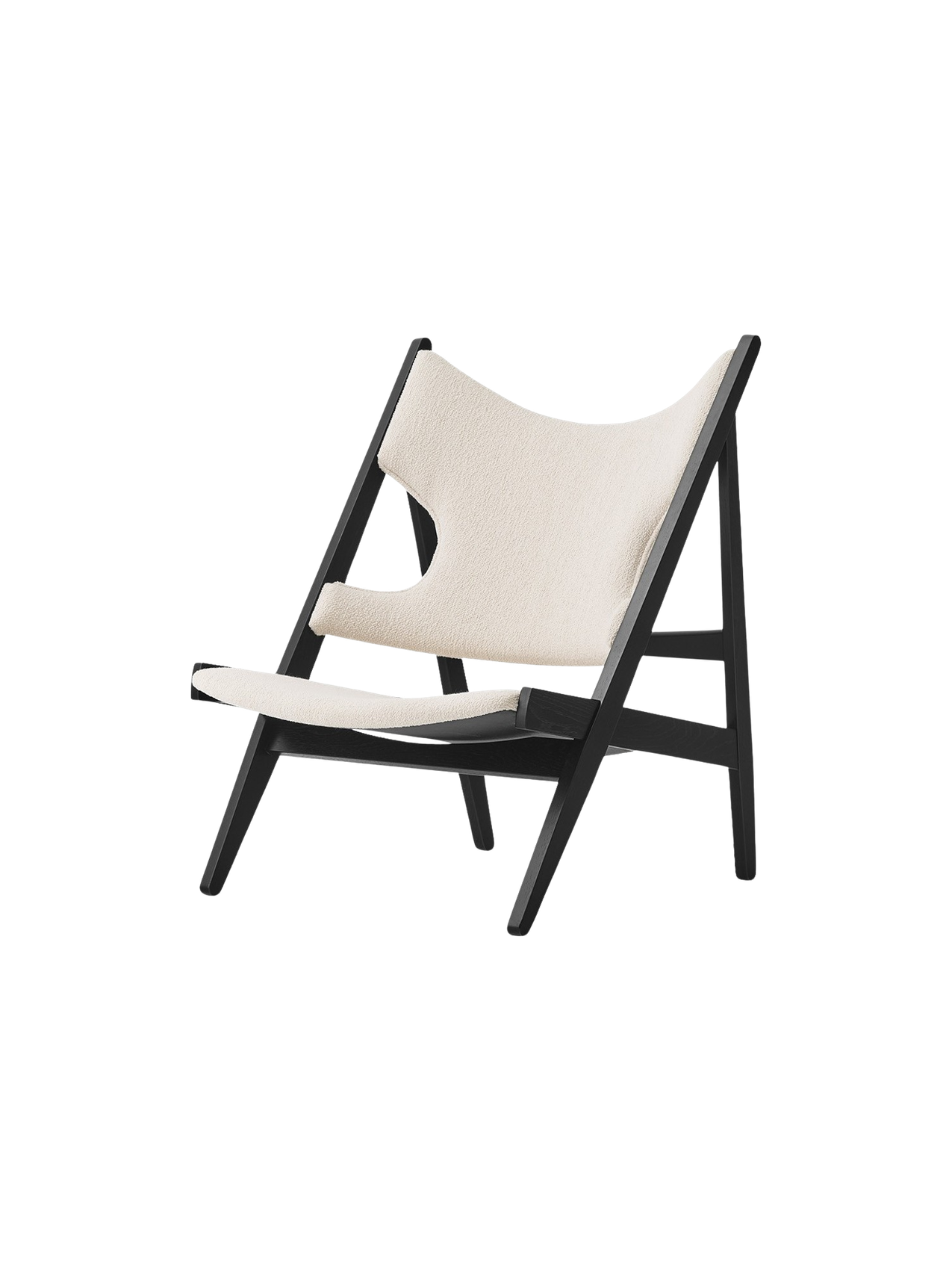 Angled view of the Knitting Lounge Chair in Black Oak, featuring an ivory bouclé seat and backrest on a black oak frame.