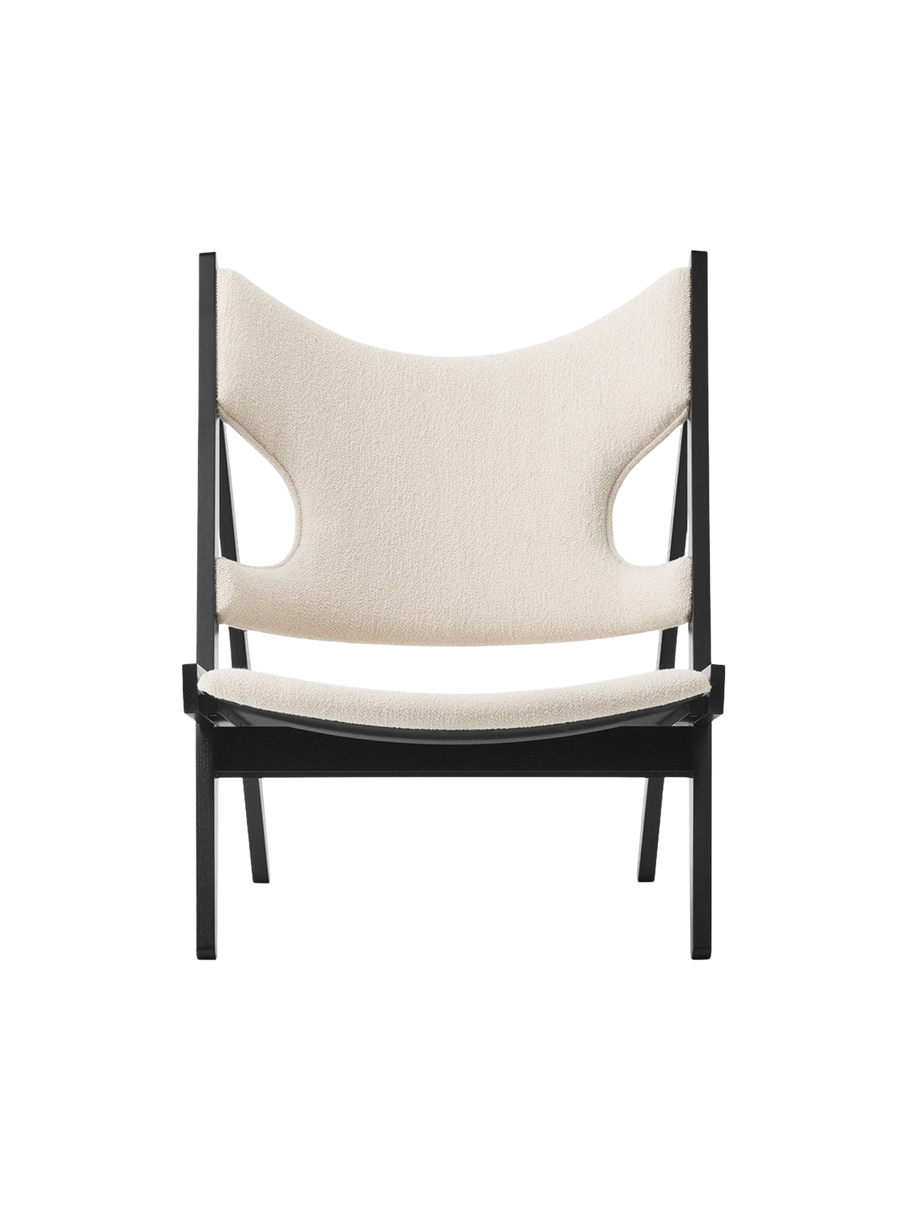 Front view of the Knitting Lounge Chair in Black Oak, featuring a textured ivory bouclé seat and backrest with side cut-outs.