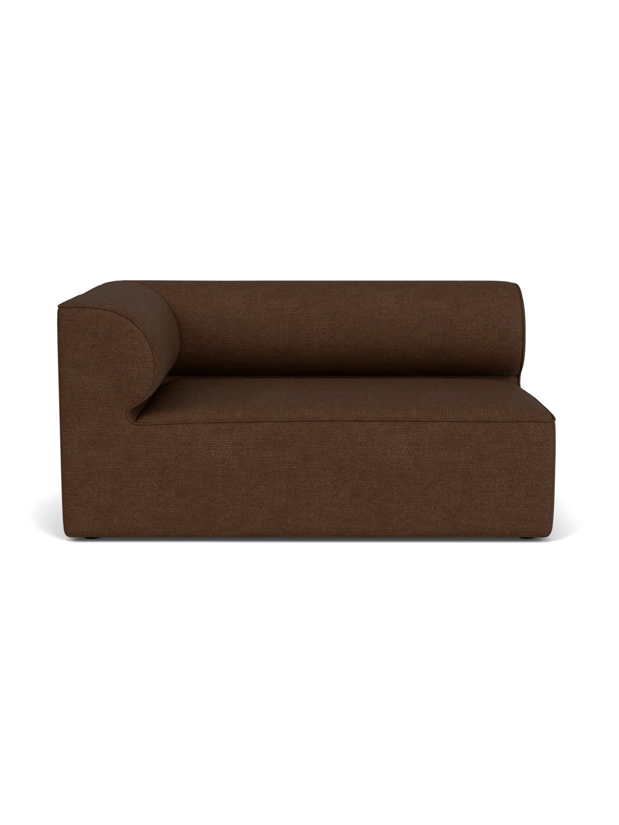 Front view of the Eave Modular Sofa, 96, Corner 144, featuring a curved backrest and dark brown Audo Bouclé 07 upholstery.