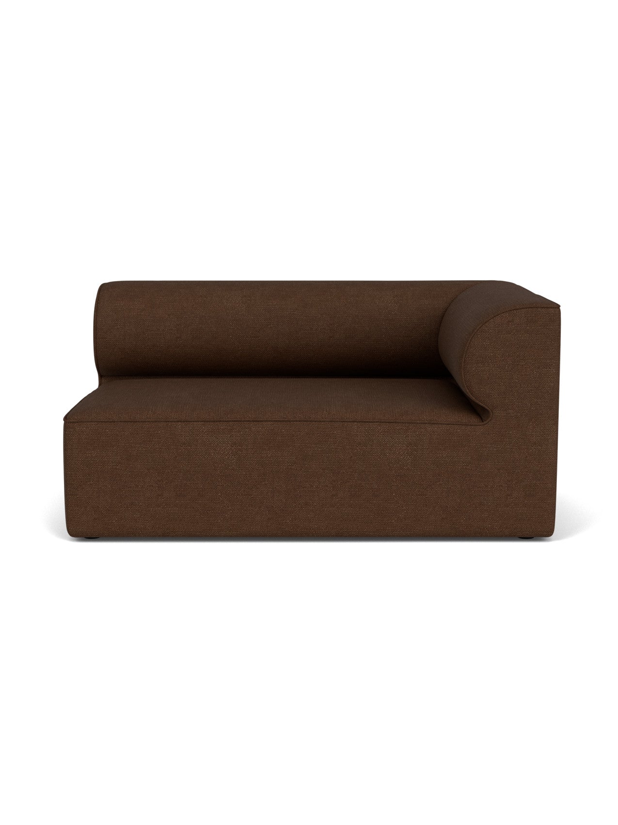 Front view of the Eave Modular Sofa, 96, Corner 144 right-hand piece, upholstered in a dark brown Audo Bouclé fabric.
