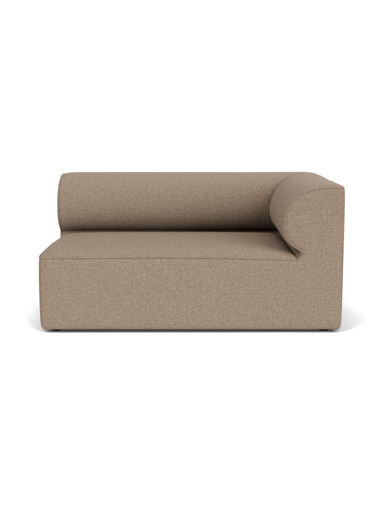 Front view of the Eave Modular Sofa, 96, Corner 144. A right-hand module upholstered in light brown Logan Flint fabric.