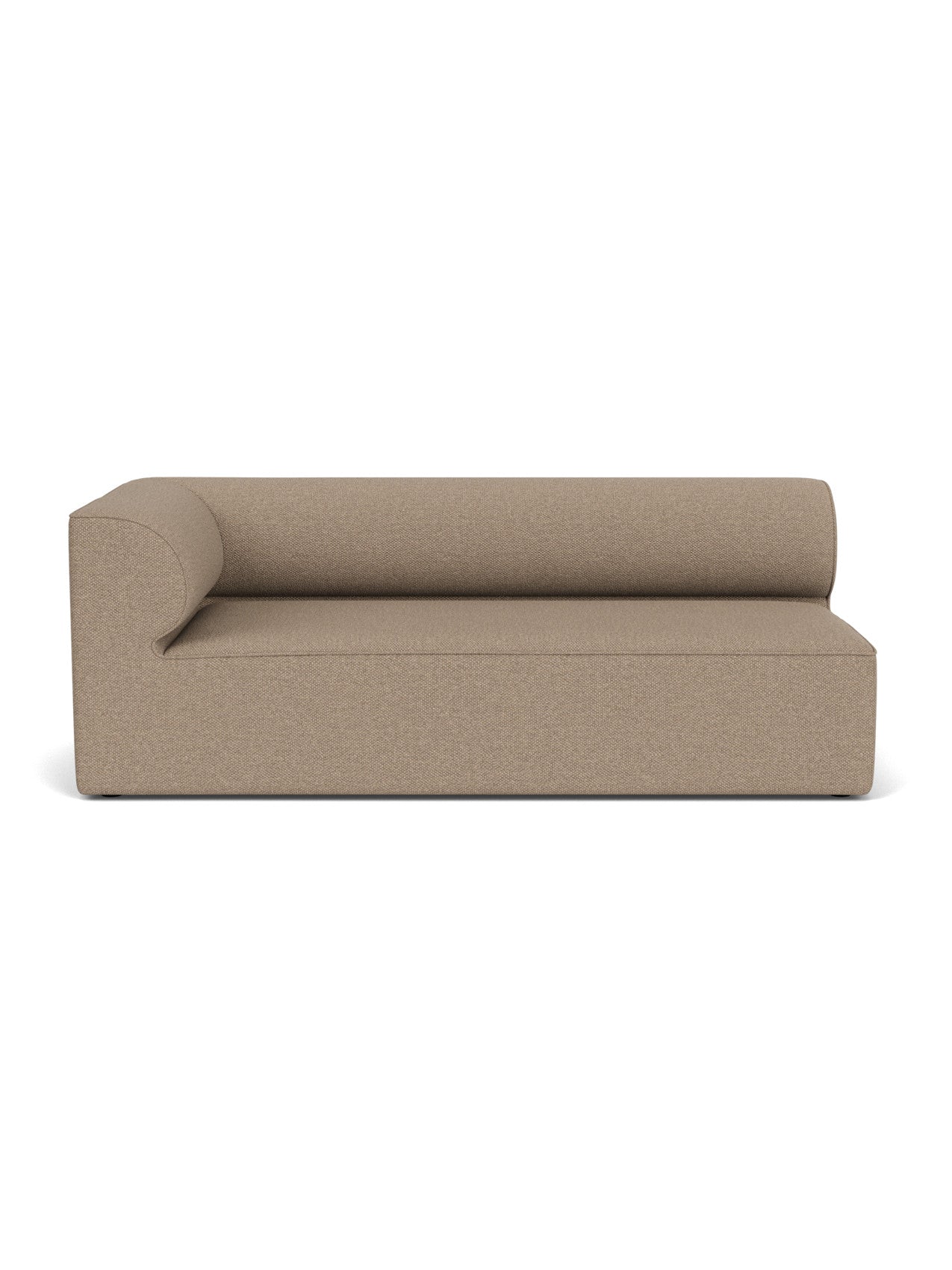 Front-on view of the Eave Modular Sofa, 96, Corner 192 in light brown Logan Flint fabric, shown on a white background.