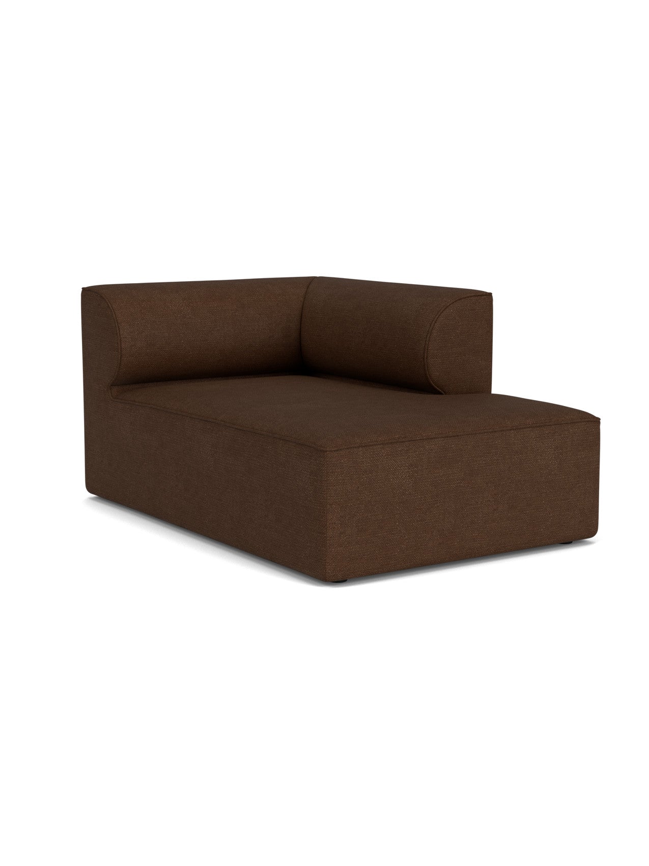 Eave Modular Sofa, 96, Chaise Longue module upholstered in a dark brown textured bouclé fabric, viewed from an angle.