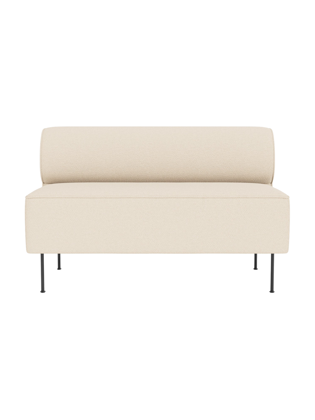 Front view of the Eave Dining Sofa in a light cream Logan Jasmine fabric, featuring a low backrest and slender black legs.