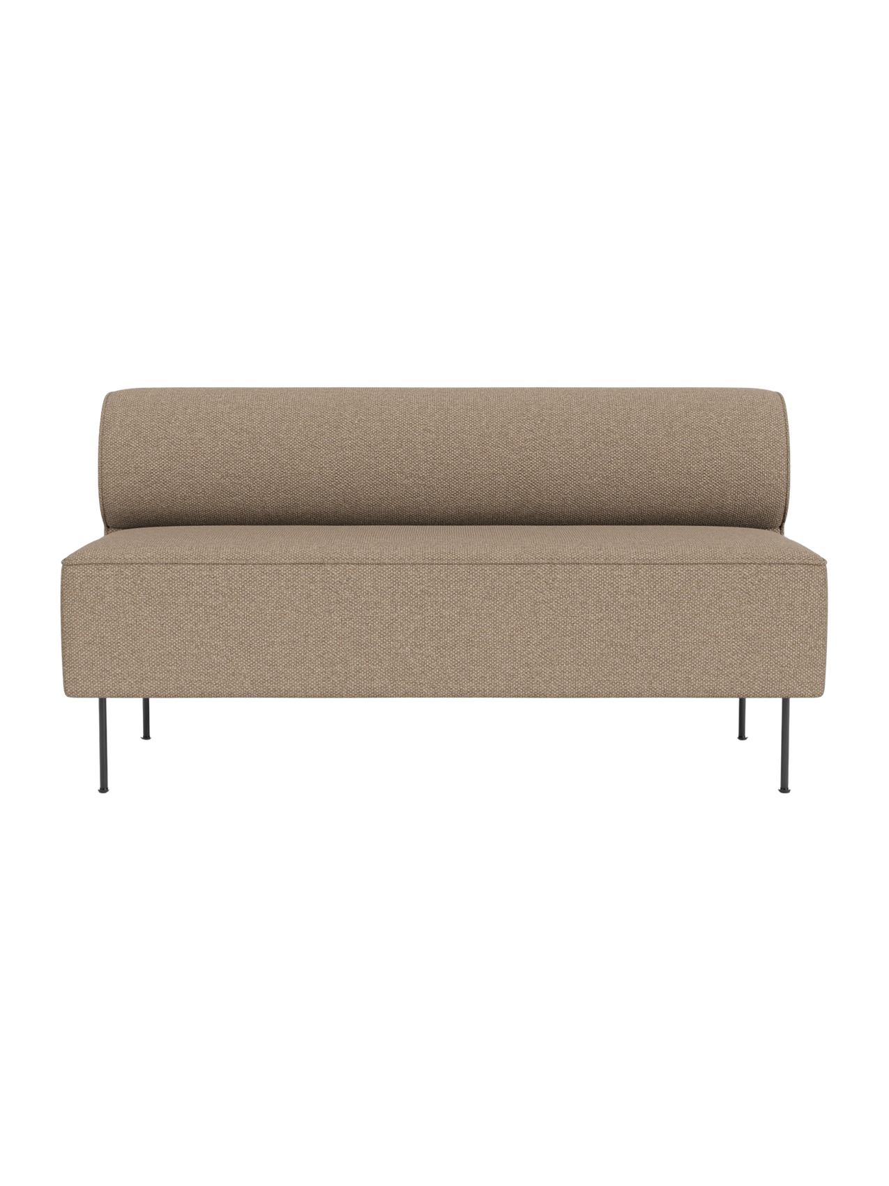 Front view of the Eave Dining Sofa in Logan Flint, with an armless design, rounded back and slender black legs.