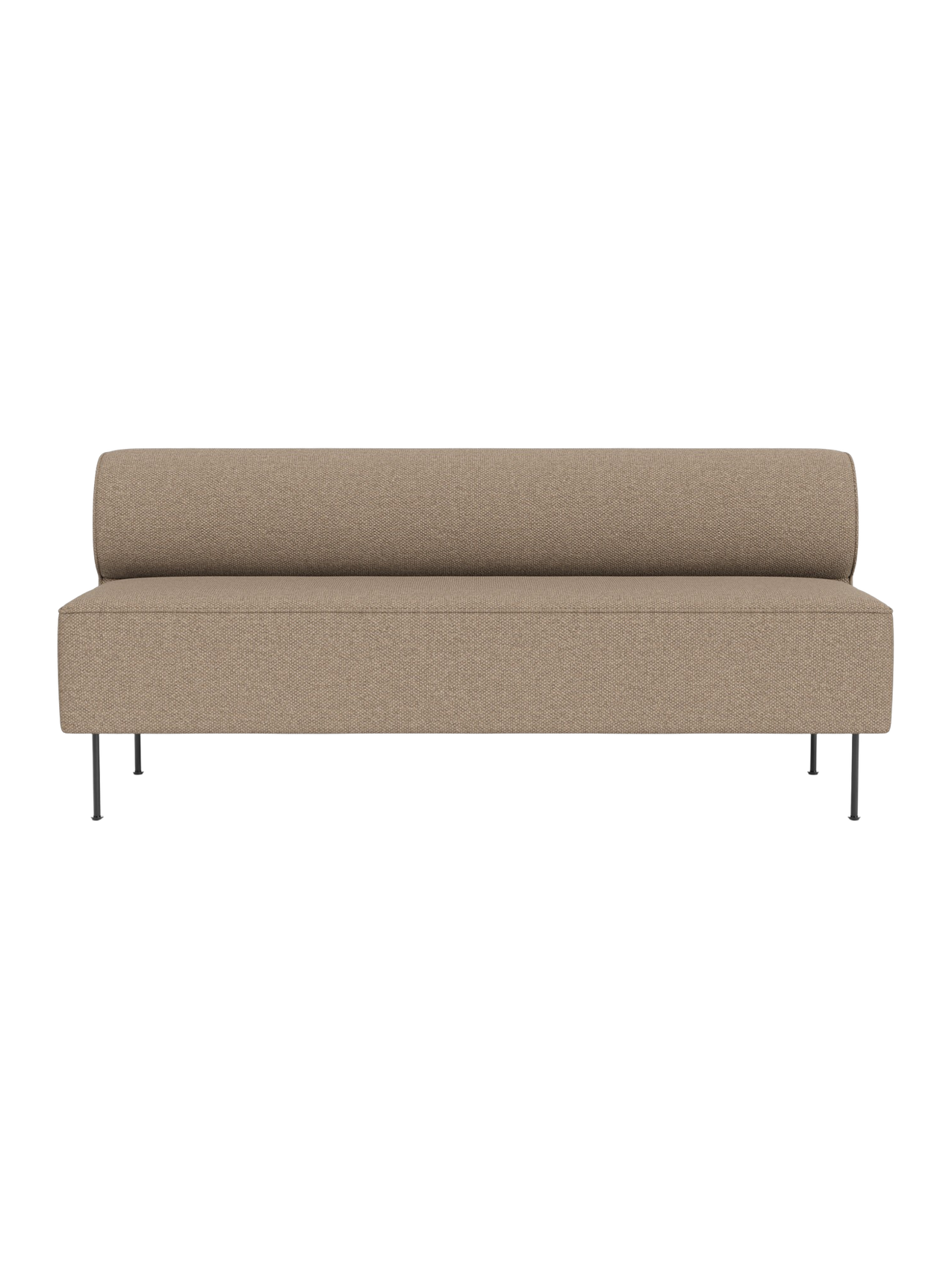 Front view of the Eave Dining Sofa in light brown Logan Flint fabric. The minimalist sofa has a low back and thin metal legs.