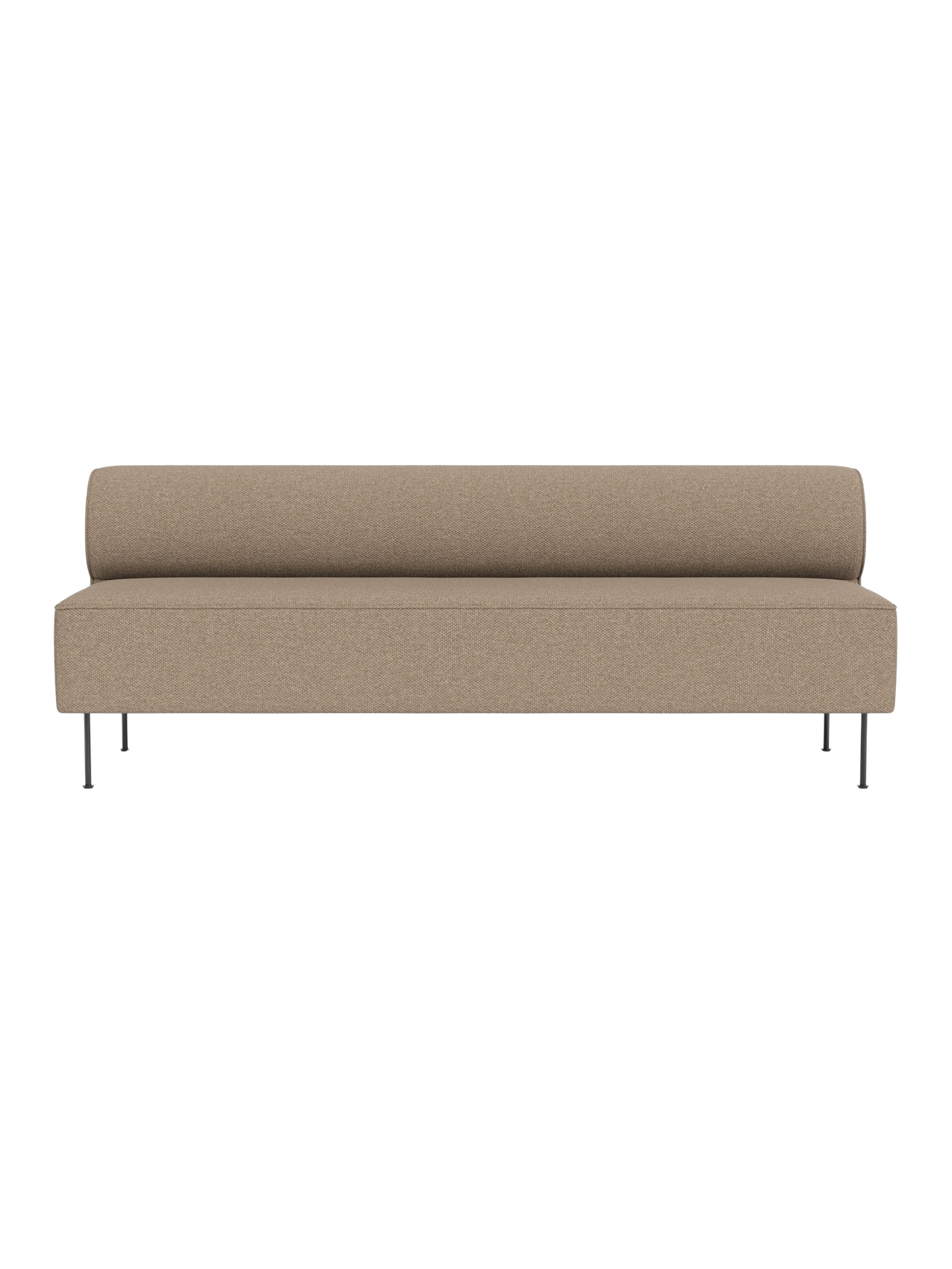 Front view of the Eave Dining Sofa in Logan Flint fabric. The minimalist sofa has a low backrest and slim metal legs.