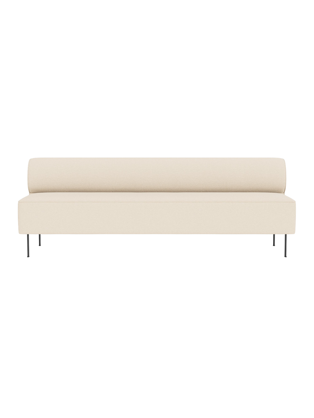 Front view of the Eave Dining Sofa in Logan Jasmine, a light cream-coloured fabric, with thin black metal legs.