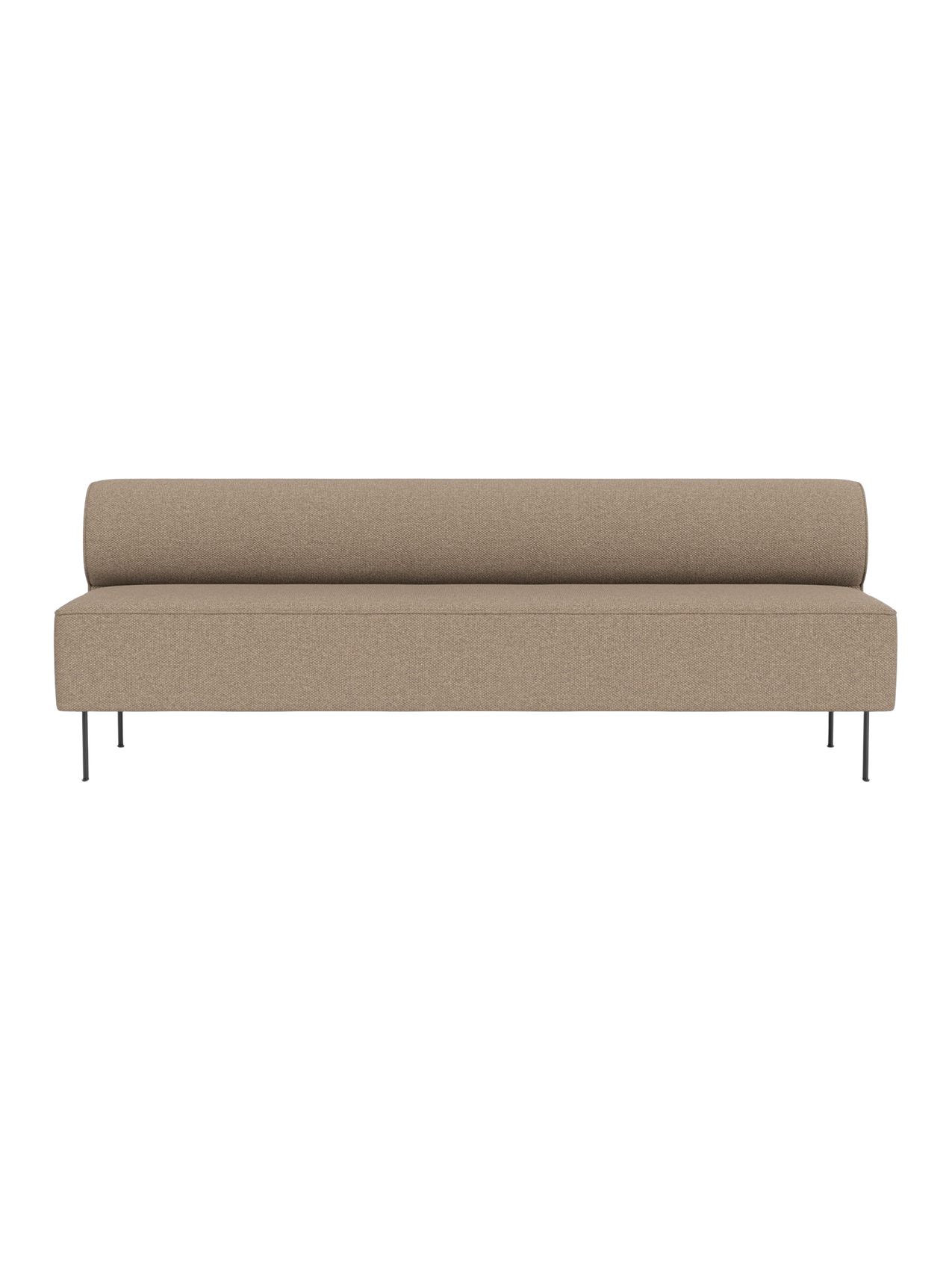 A front view of the Eave Dining Sofa in textured Logan Flint fabric, with a long seat, low back, and slender metal legs.