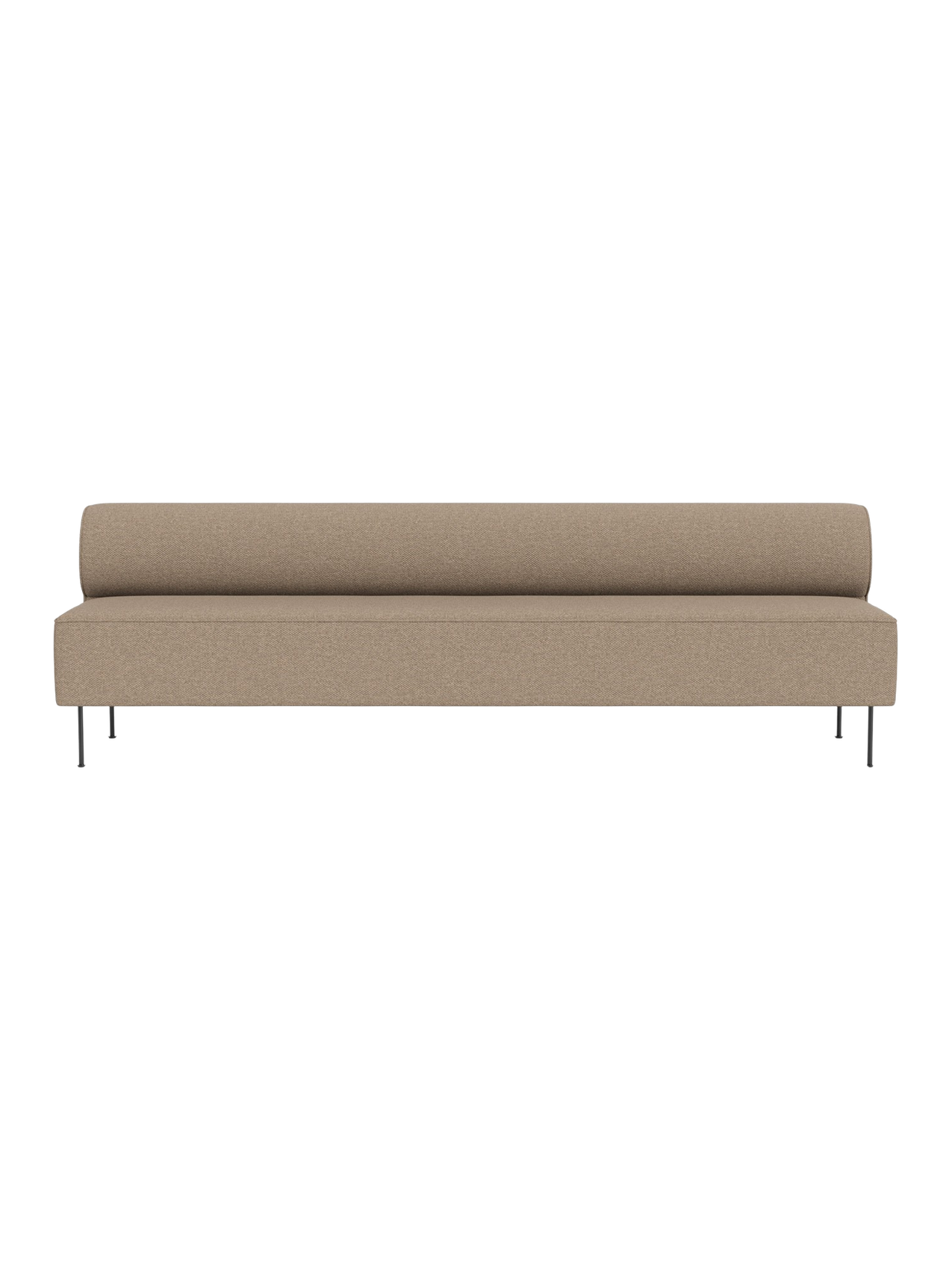 Front view of the Eave Dining Sofa in Logan Flint. A minimalist, light brown sofa with a low back on slim metal legs.