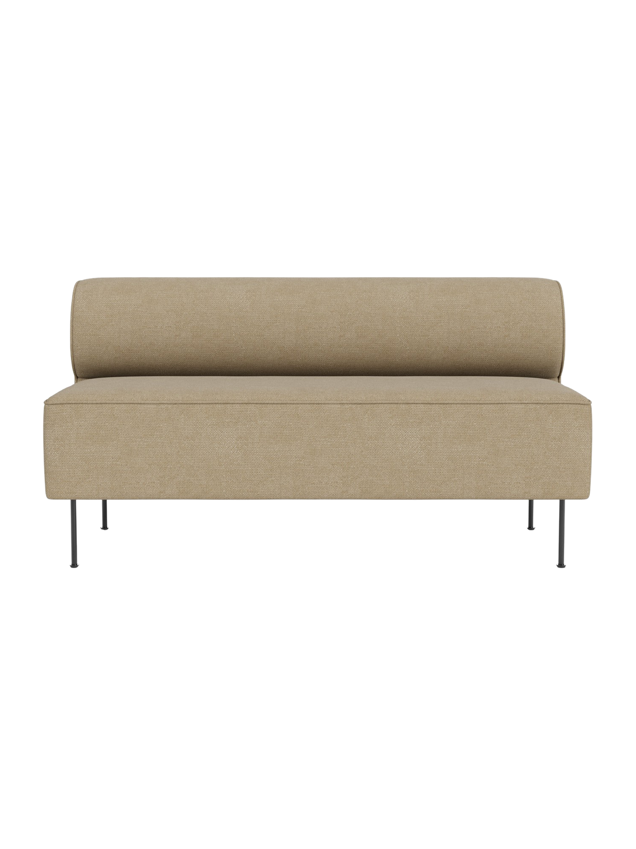 A front-on photograph of the Eave Dining Sofa upholstered in light beige Audo Bouclé 02 fabric, on thin black metal legs.