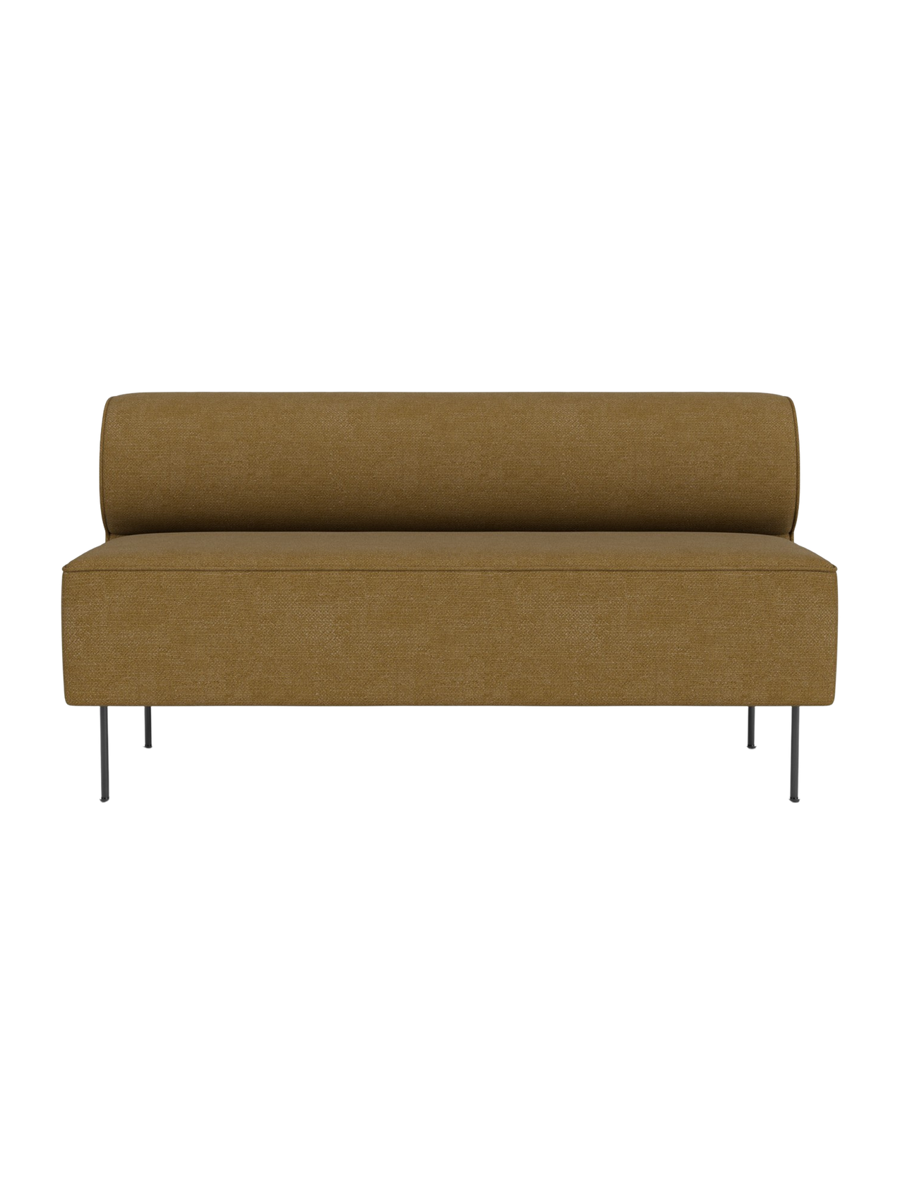 A front view of the Eave Dining Sofa, open section module upholstered in Audo Bouclé 06, a textured golden-brown fabric.